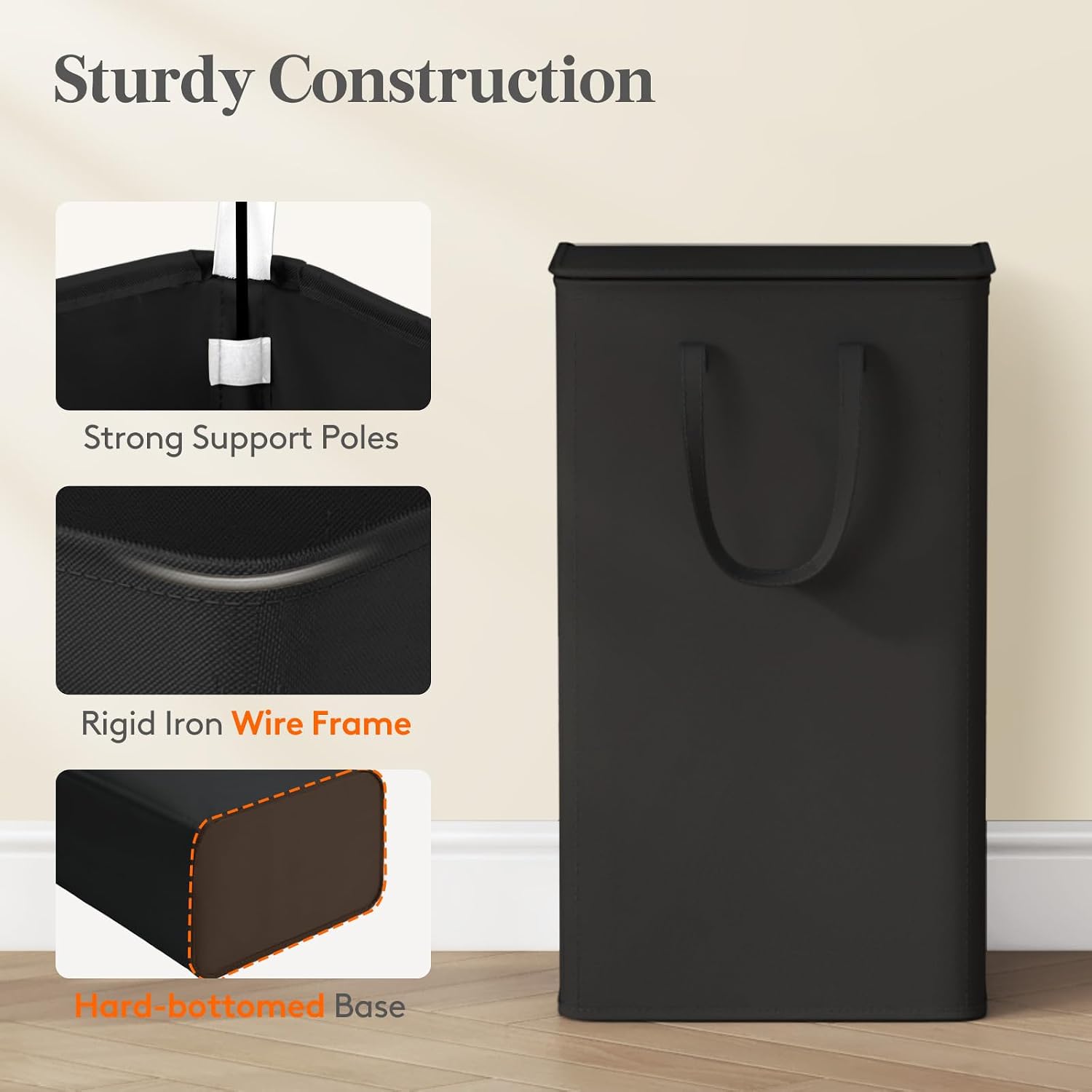 Detalle 2 de Lifewit 25069 Slim Laundry Basket with Lid, 105 L, Foldable, Black