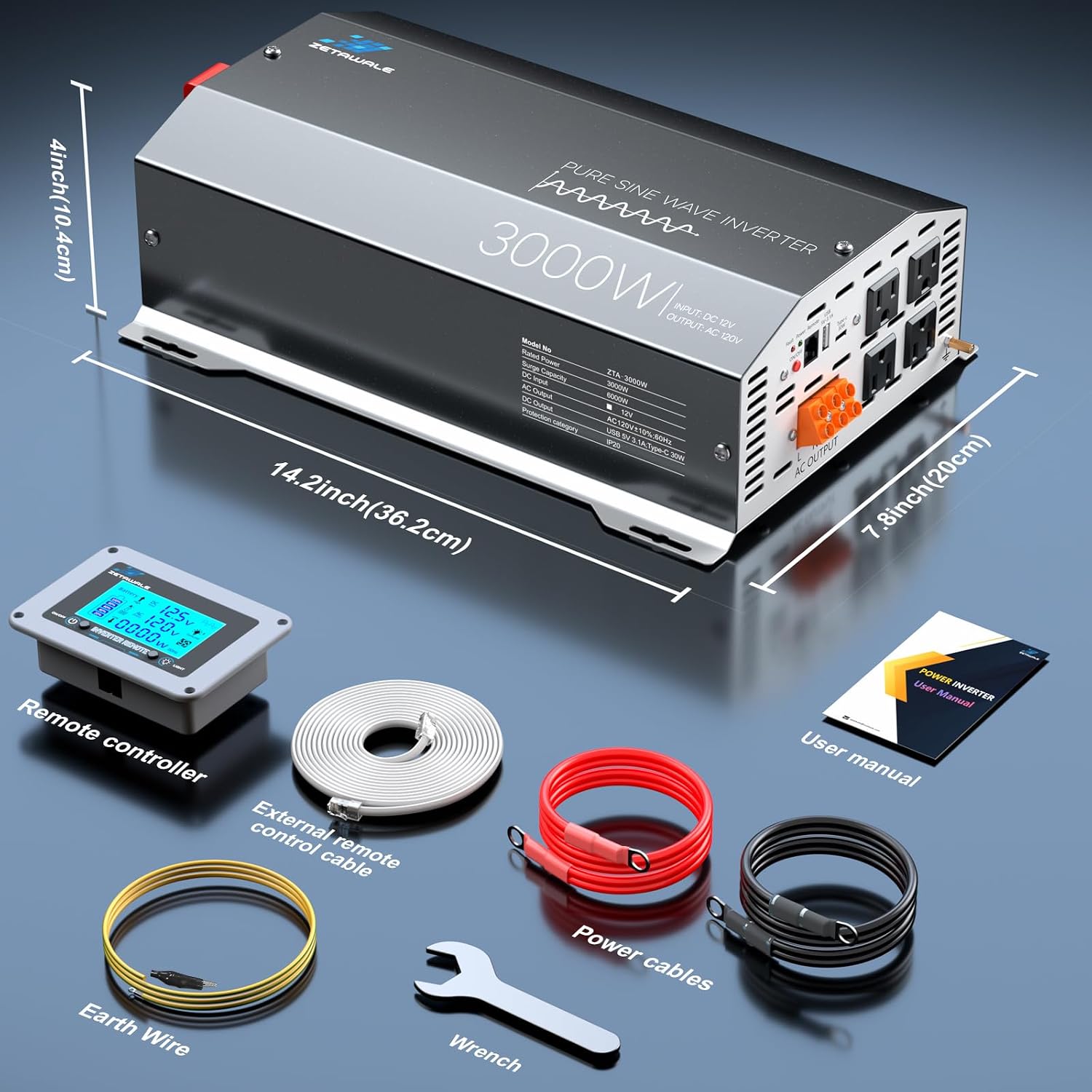 Thumbnail 6 de 3000 Watts Pure Sine Wave Inverter 12V DC to 110V/120V AC with 6000W Peak, LCD Remote, USB-C & 4 Outlets