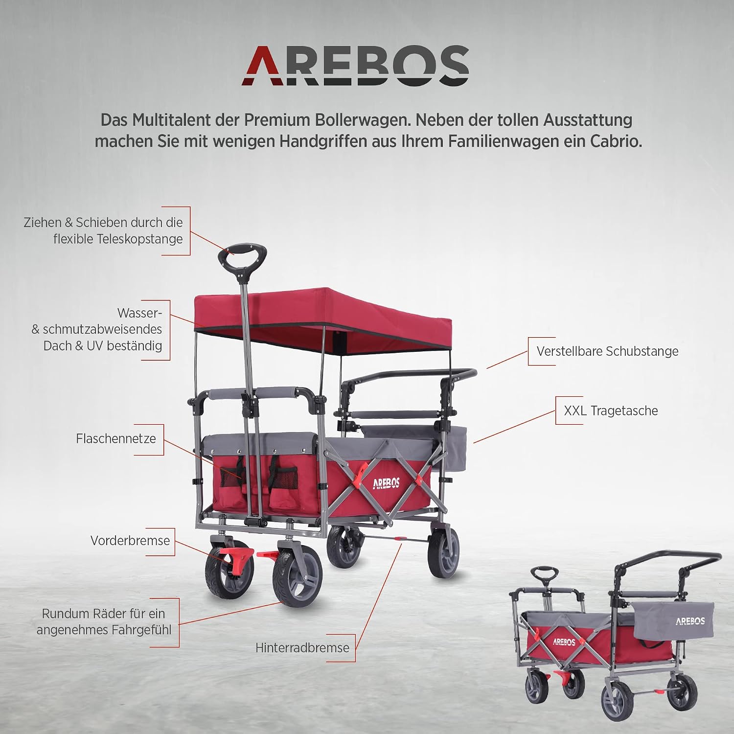 Detalle de Arebos Bollerwagen Premium faltbar mit Dach – Handwagen, klappbar bis 100 kg Tragkraft, 360° Rolllädenräder, mit Tragetasche, Rot