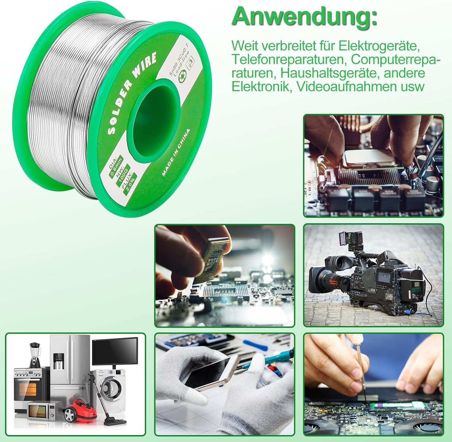 Detalle de Gruiqrd Bleifreier Lötzinn 0,6 mm – Elektronik-Draht, 100 g