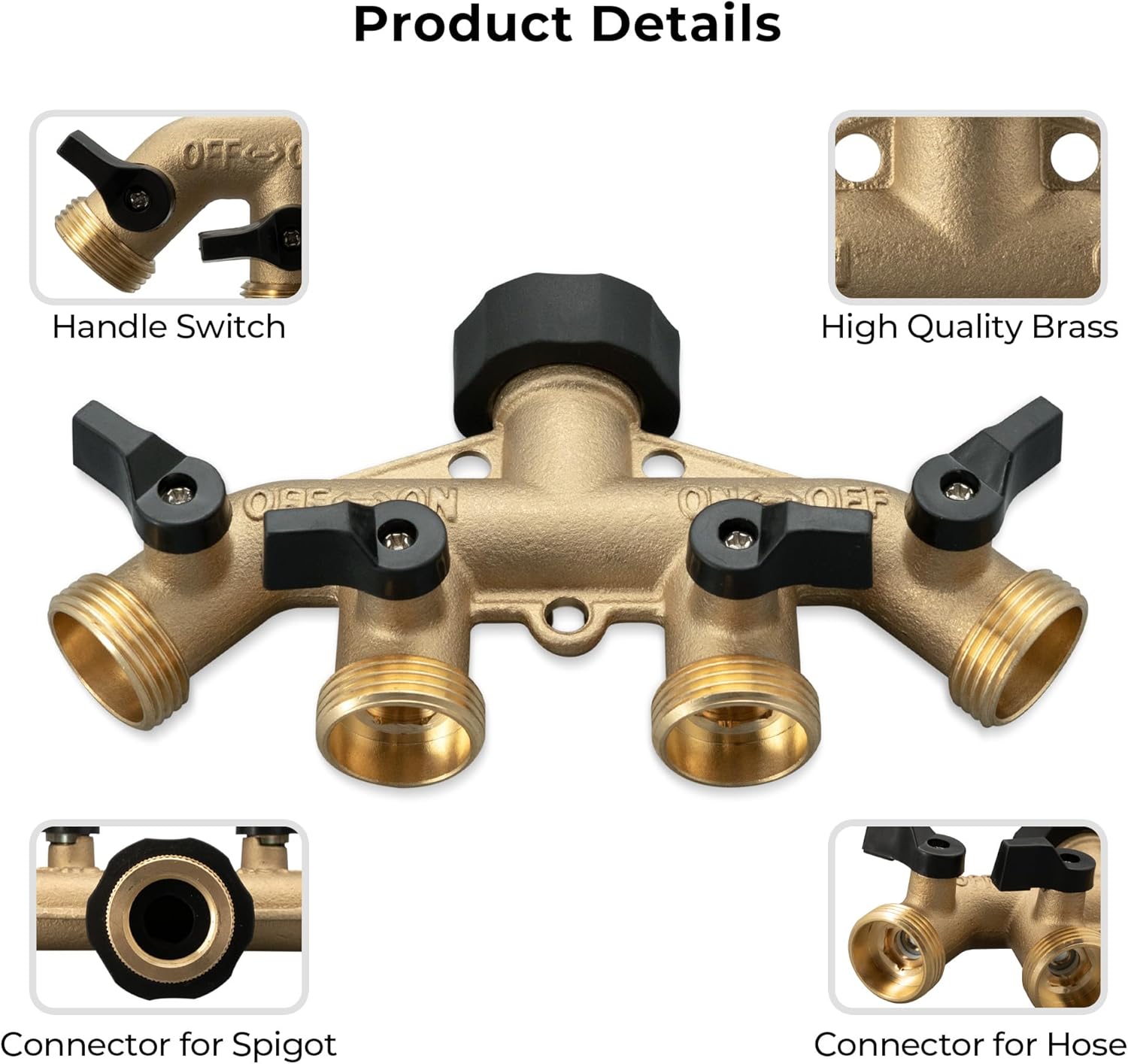 Thumbnail 2 de VANCOCO 4-Wege Wasserverteiler 3/4 Zoll Messing mit Schnellkupplung – 1/2 Zoll Adapter, Hochdruck-Verteiler für Bewässerungssysteme
