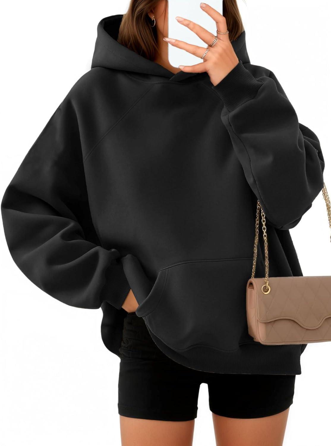 Detalle de Timuspo Hoodie Damen Oversize – Bequemer Baumwollpullover mit Kapuze, langärmlig, einfarbig
