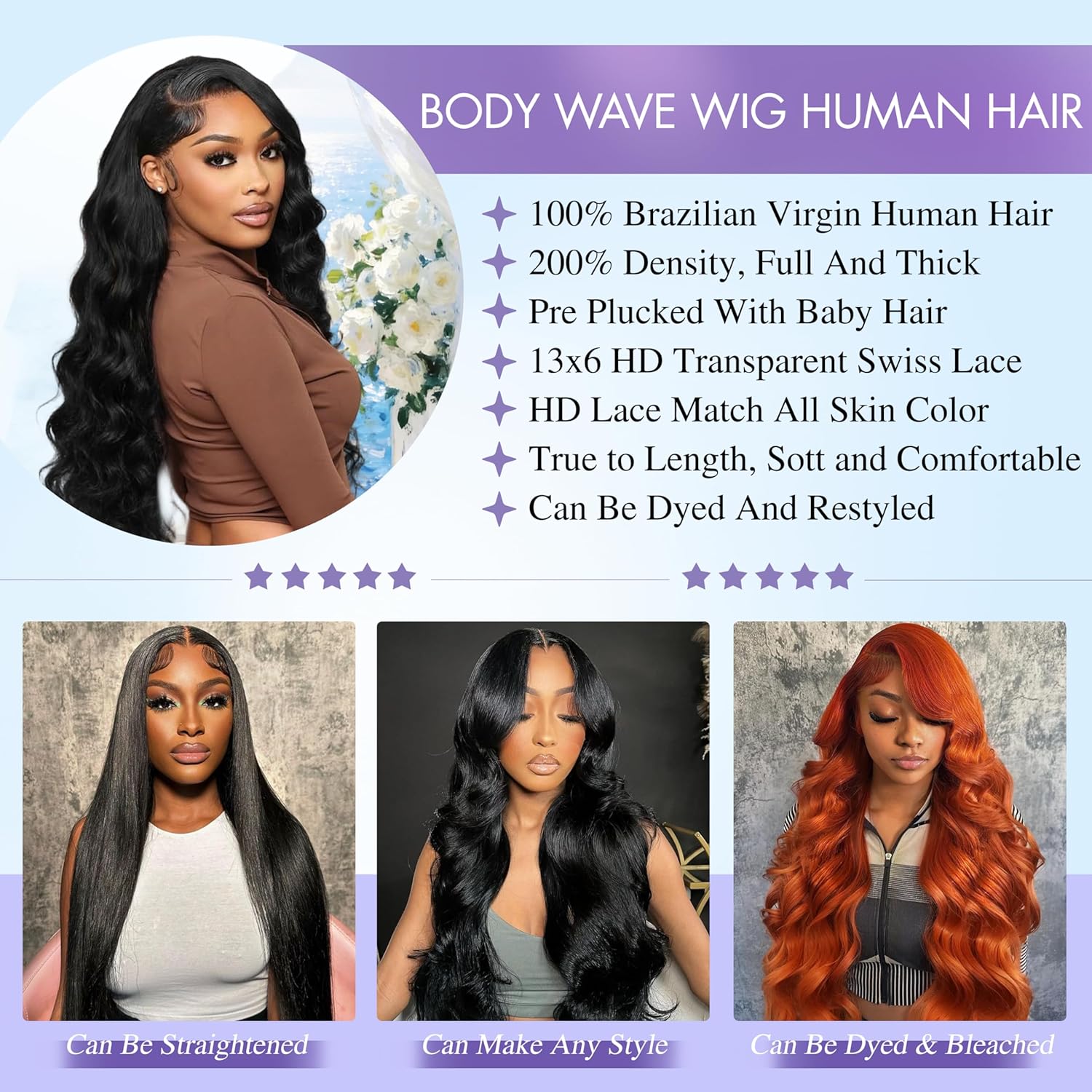 Thumbnail 3 de Sferona 30 Inch 13x6 Lace Front Human Hair Wigs, Body Wave, 200% Density, Glueless Pre Plucked Frontals