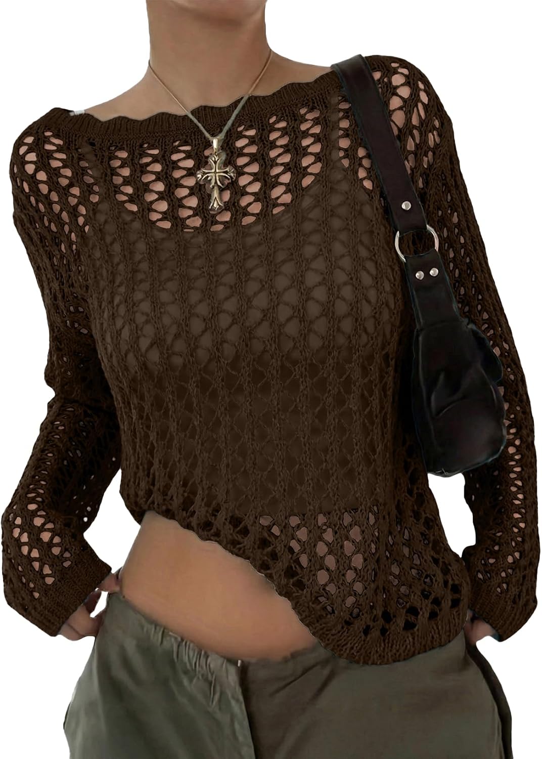 Thumbnail 5 de EVALESS Off The Shoulder Loose Knit Summer Sweater for Women – Lightweight Crochet Knit, 100% Acrylic