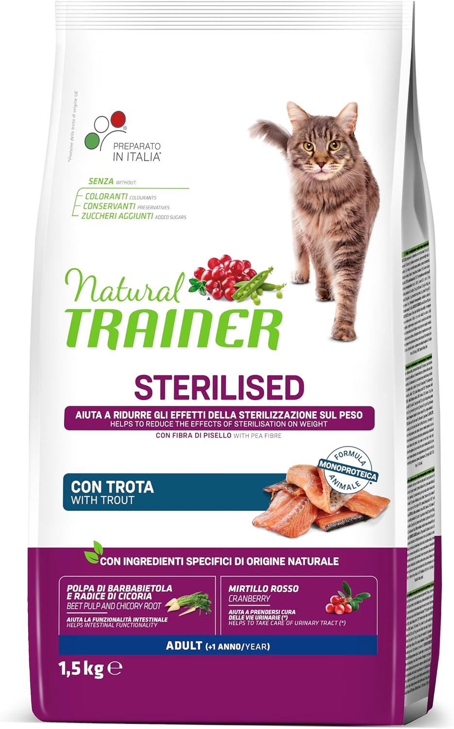 Detalle de Trainer Natural Sterilised Adult con Salmone e Fibra di Pisello 3 Kg – alimentazione equilibrata per animali sterilizzati