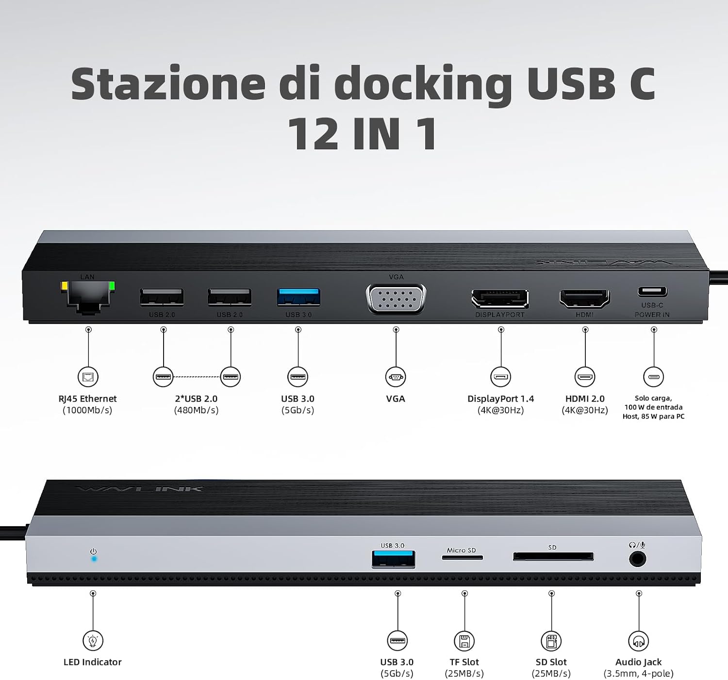 Detalle 2 de WAVLINK Docking station USB-C 12 in 1 Grigio