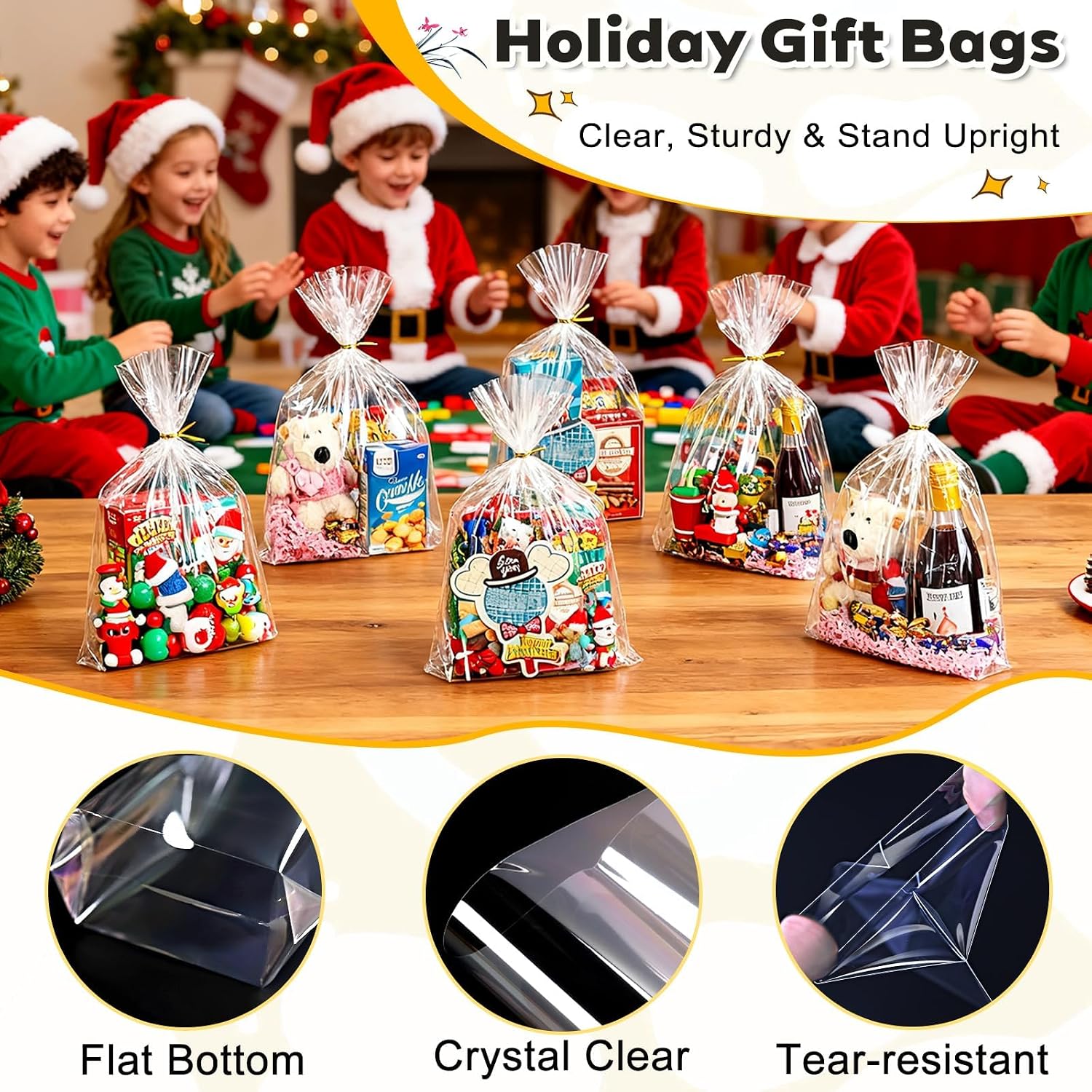 Detalle de PigPotParty 12 x 16-Inch Clear OPP Gift Bags, 100-Pack with Gold Ties