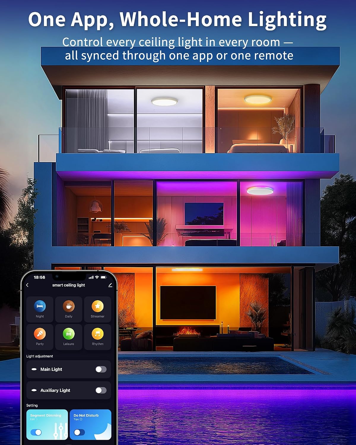Detalle de LuminexDesigns Plafón LED Inteligente 24W regulable con mando y WiFi: luz RGB ultrafina para salón y dormitorio