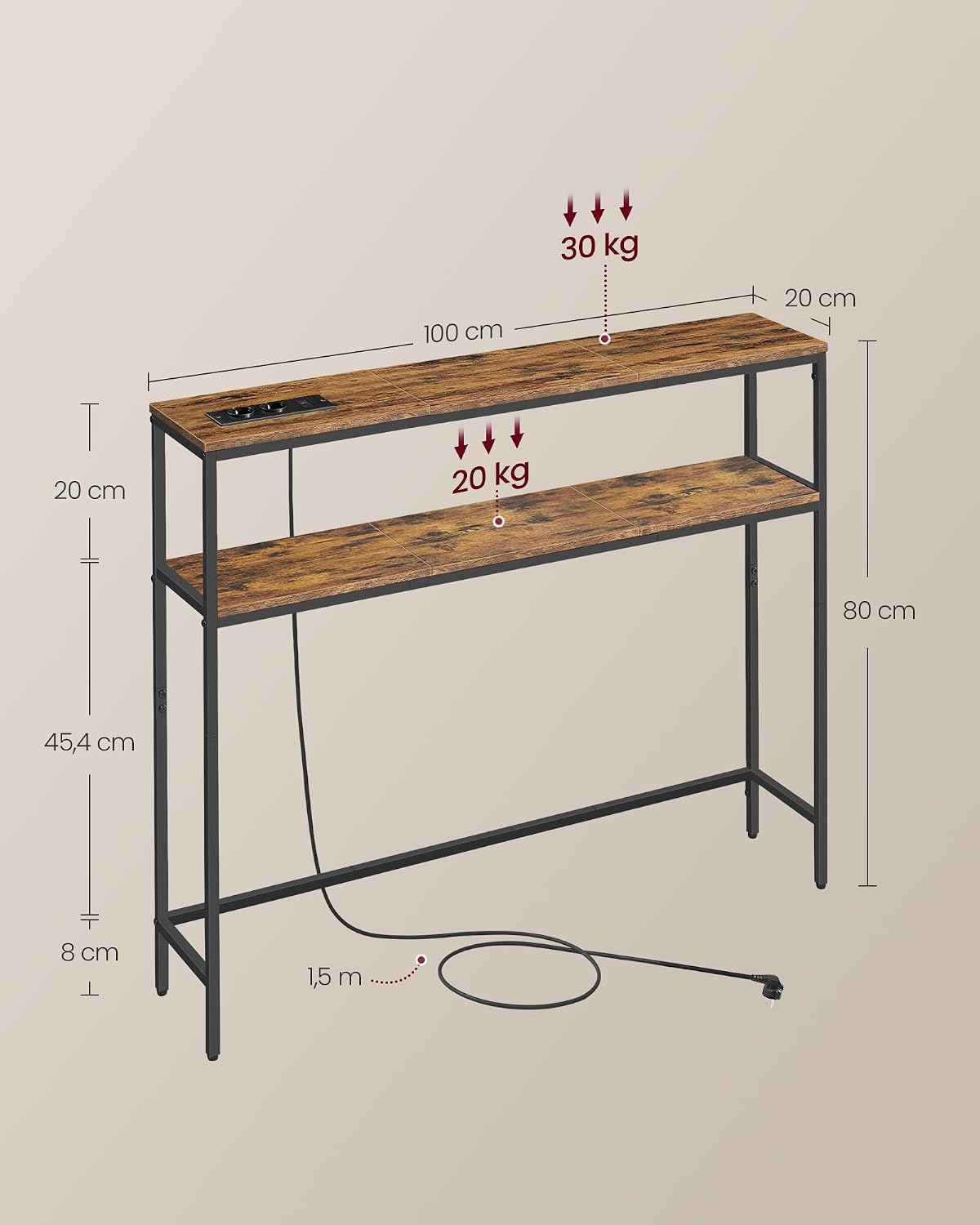 Detalle de VASAGLE LNT136KD01 consoletafel met stopcontact, 2 legplanken, 100 x 20 x 81 cm