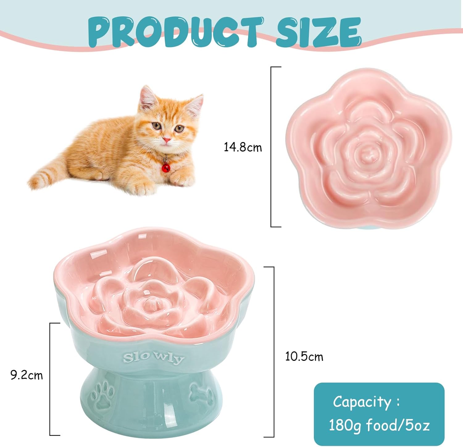 Thumbnail 1 de MEETOZ Raised Slow Feeder Cat Bowl (Ceramic, 5.8in) – Pink flower-shaped elevated slow feeder