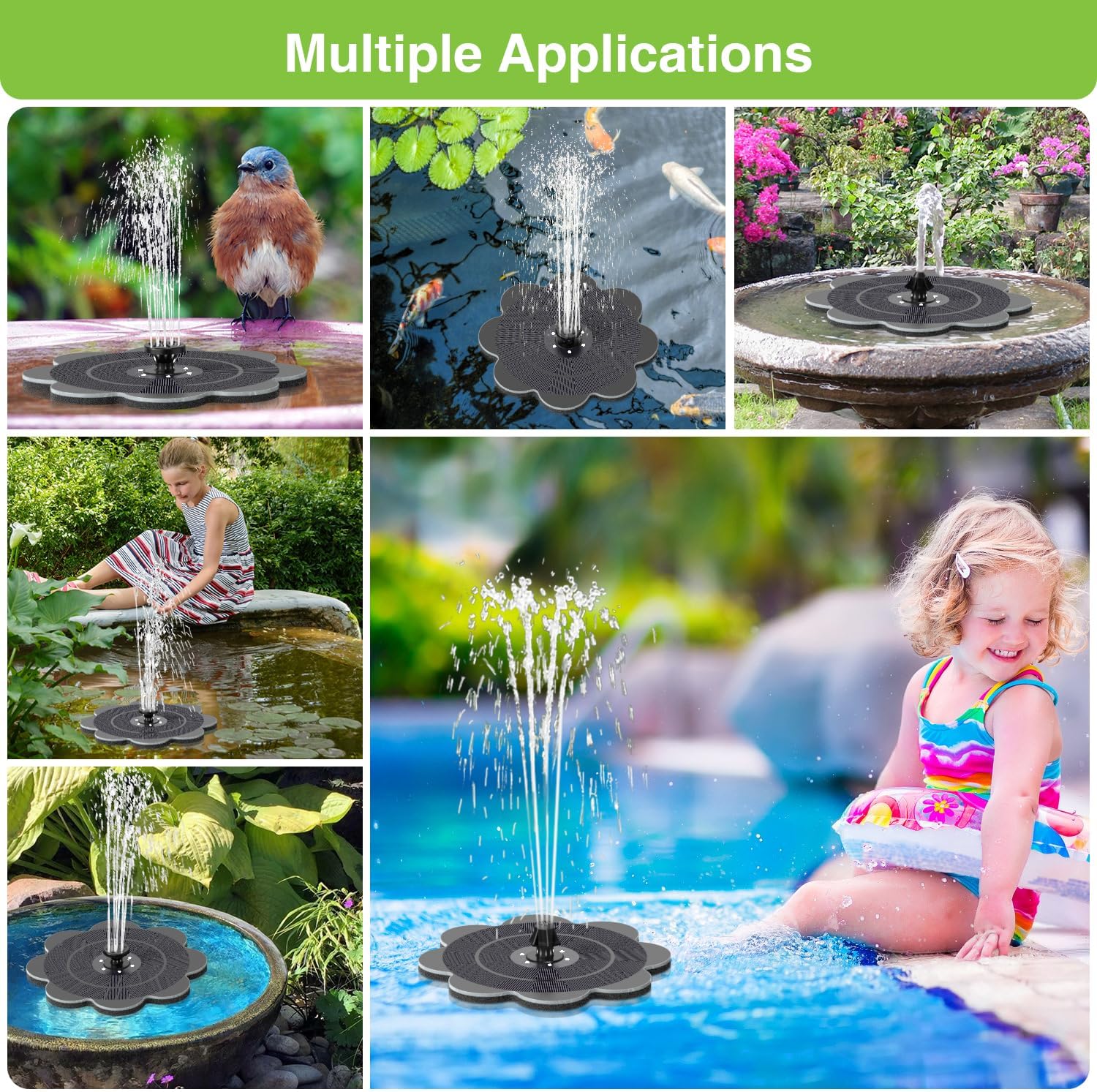 Thumbnail 4 de SZMP Solar Springbrunnen LED – 3,5W Glas-Solarteichpumpe mit 2000mAh Akku, 7 Wasserstilen und 4 Fixierungen