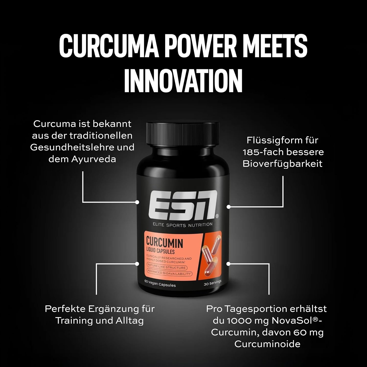 Detalle 2 de ESN Kurkuma Kapseln (Kurkumin) mit 1000 mg Curcumin pro Portion – 60 Kapseln, vegan