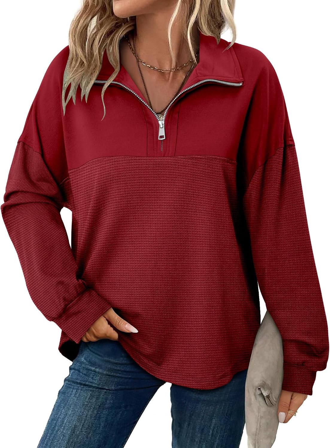 Detalle de CHICZONE Women’s Oversized Quarter-Zip Sweatshirt – soft fleece pullover for everyday wear