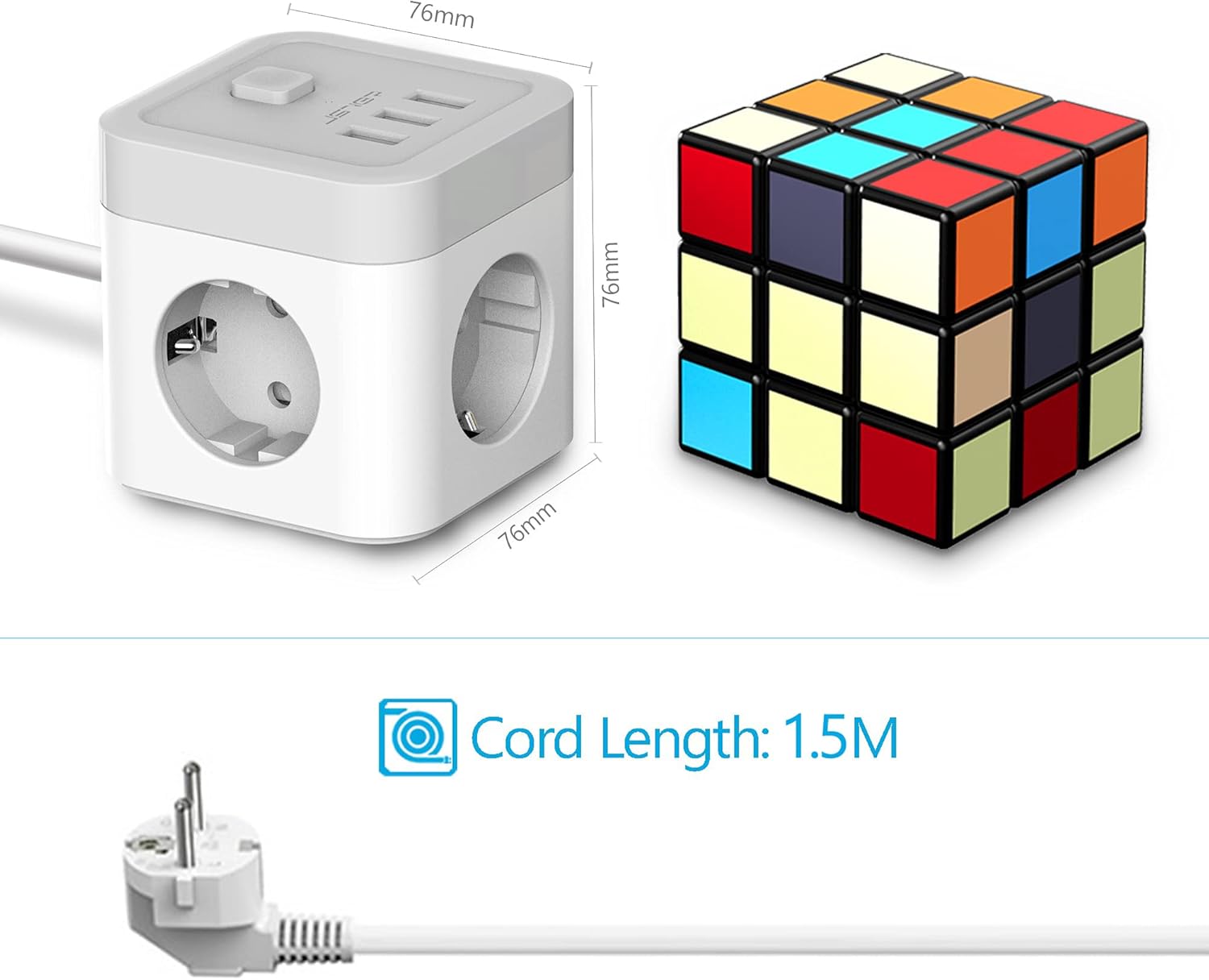 Thumbnail 4 de JSVER Multipresa Cubo USB 3 prese Schuko + 3 USB (3680 W, 16 A) con interruttore, cavo 1,5 m – compatta e sicura per casa, ufficio e viaggio