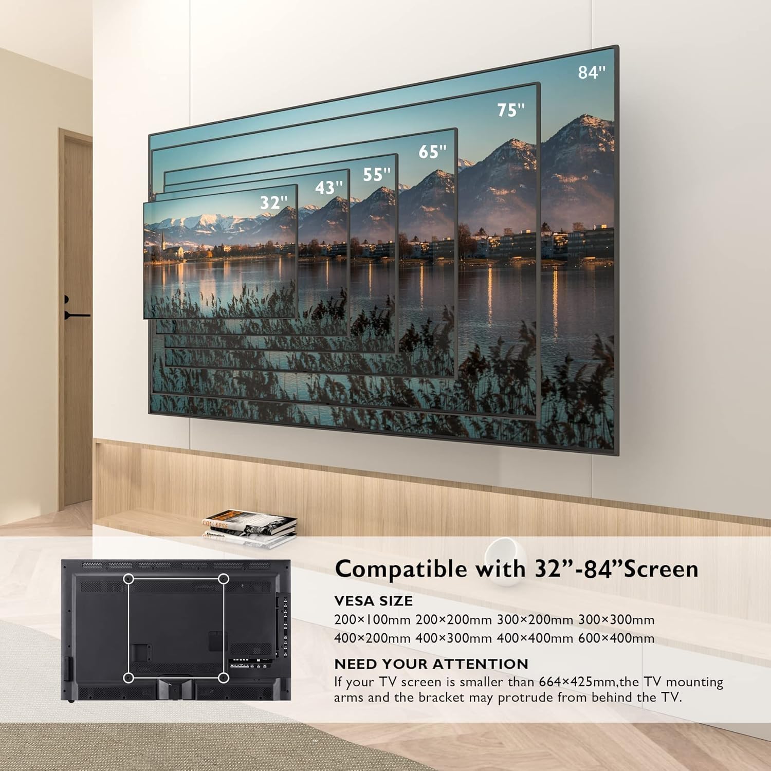 Detalle de BONTEC Support mural TV orientable et inclinable pour écrans plats et incurvés 32–84 pouces (jusqu’à 60 kg), VESA max 600x400