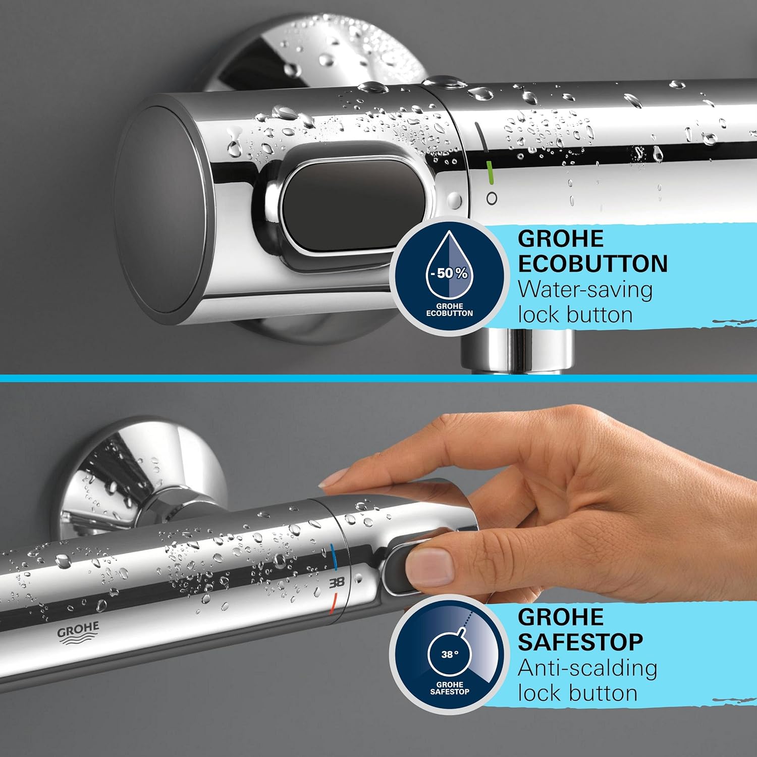 Detalle 2 de GROHE Precision Flow Duschset mit Thermostat – wassersparend, 8 l/min, Chrom