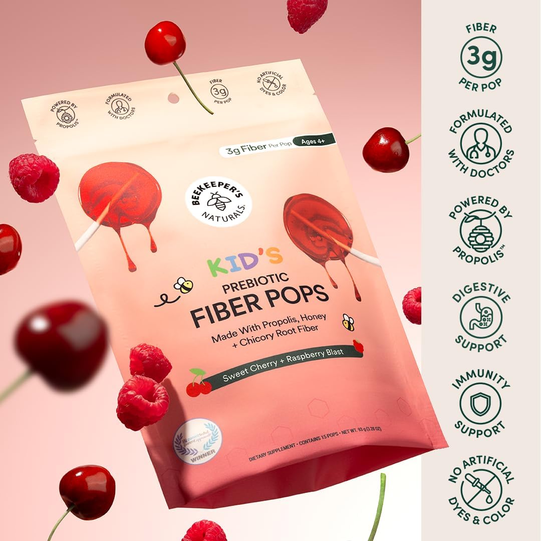 Detalle de Beekeeper’s Naturals Kids Prebiotic Fiber Lollipops, 3g Fiber, Honey, 15 Count