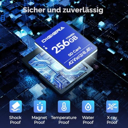 Thumbnail 7 de DIGIERA 256 GB SDXC UHS‑I Speicherkarte, 170 MB/s Lesen, 150 MB/s Schreiben, C10 / U3 / V30 — 4K UHD