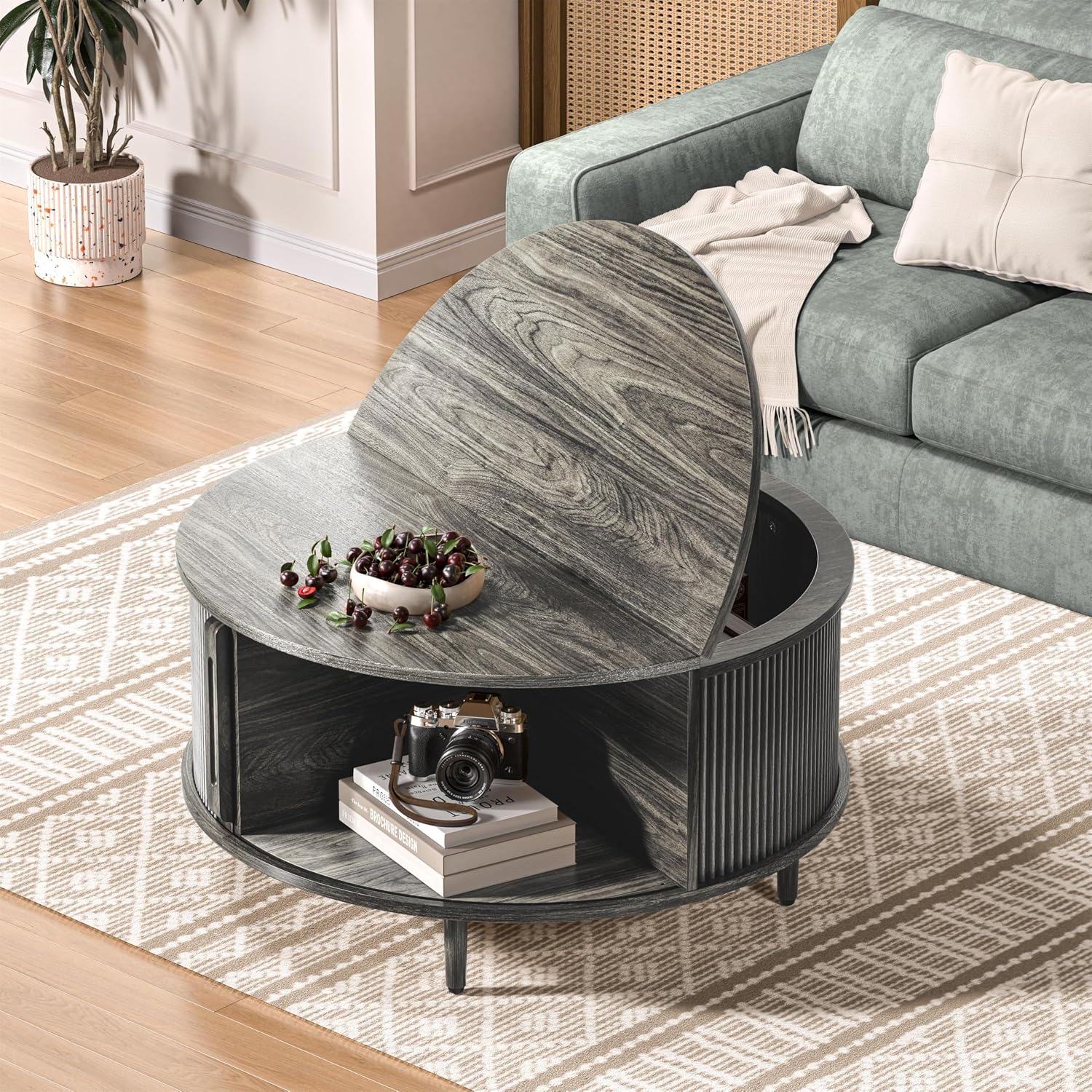Detalle 2 de BEROXII HCYZ-001GRAY-CA Round Coffee Table, 31.5" Lift-Top with Storage