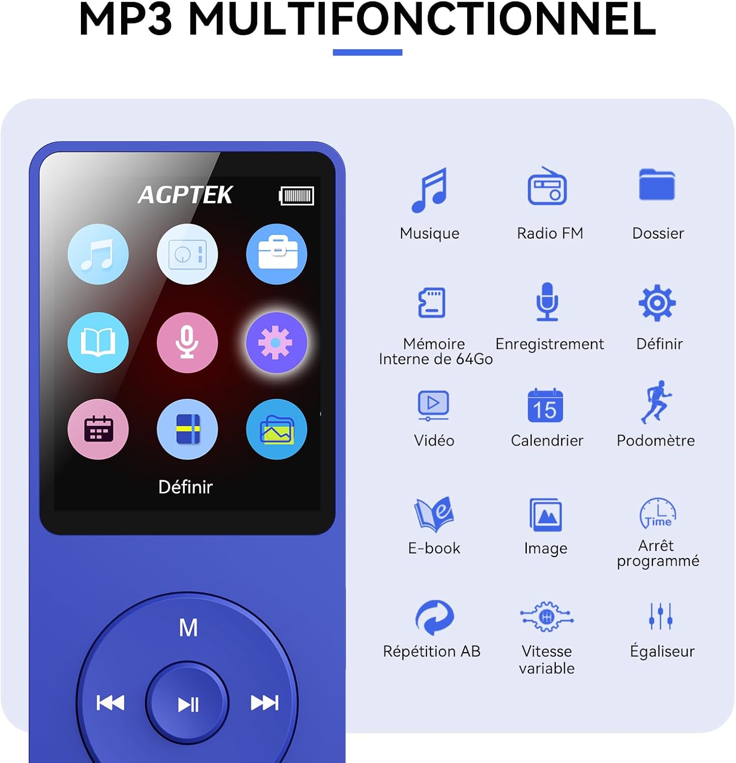 Detalle 2 de AGPTEK 64Go Lecteur MP3 Classique – Ultra léger, autonomie 70h, sans Bluetooth, bleu
