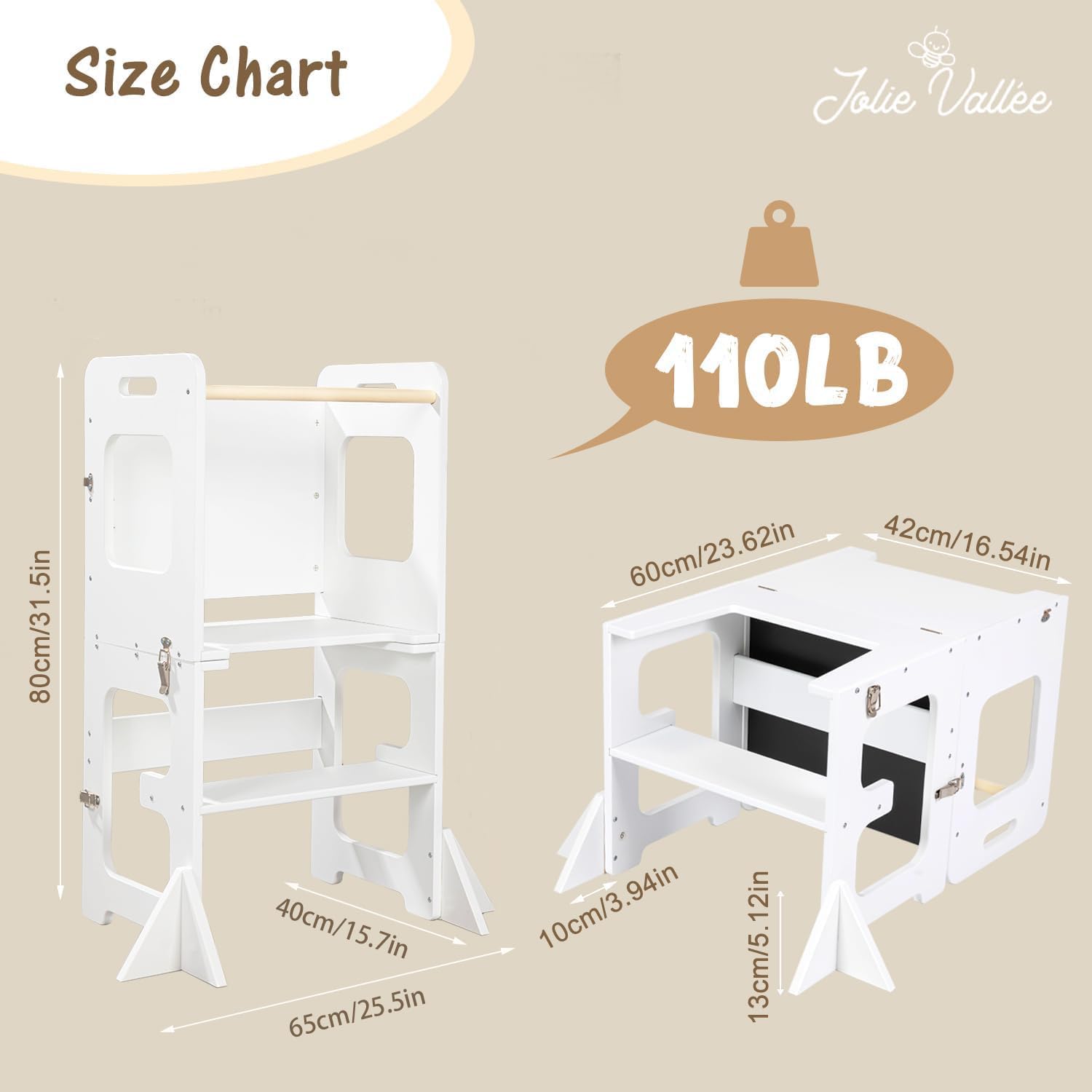 Thumbnail 3 de Toddler Standing Tower 4-in-1 Wooden Learning Tower (White) – Stool that turns into table, chair & chalkboard