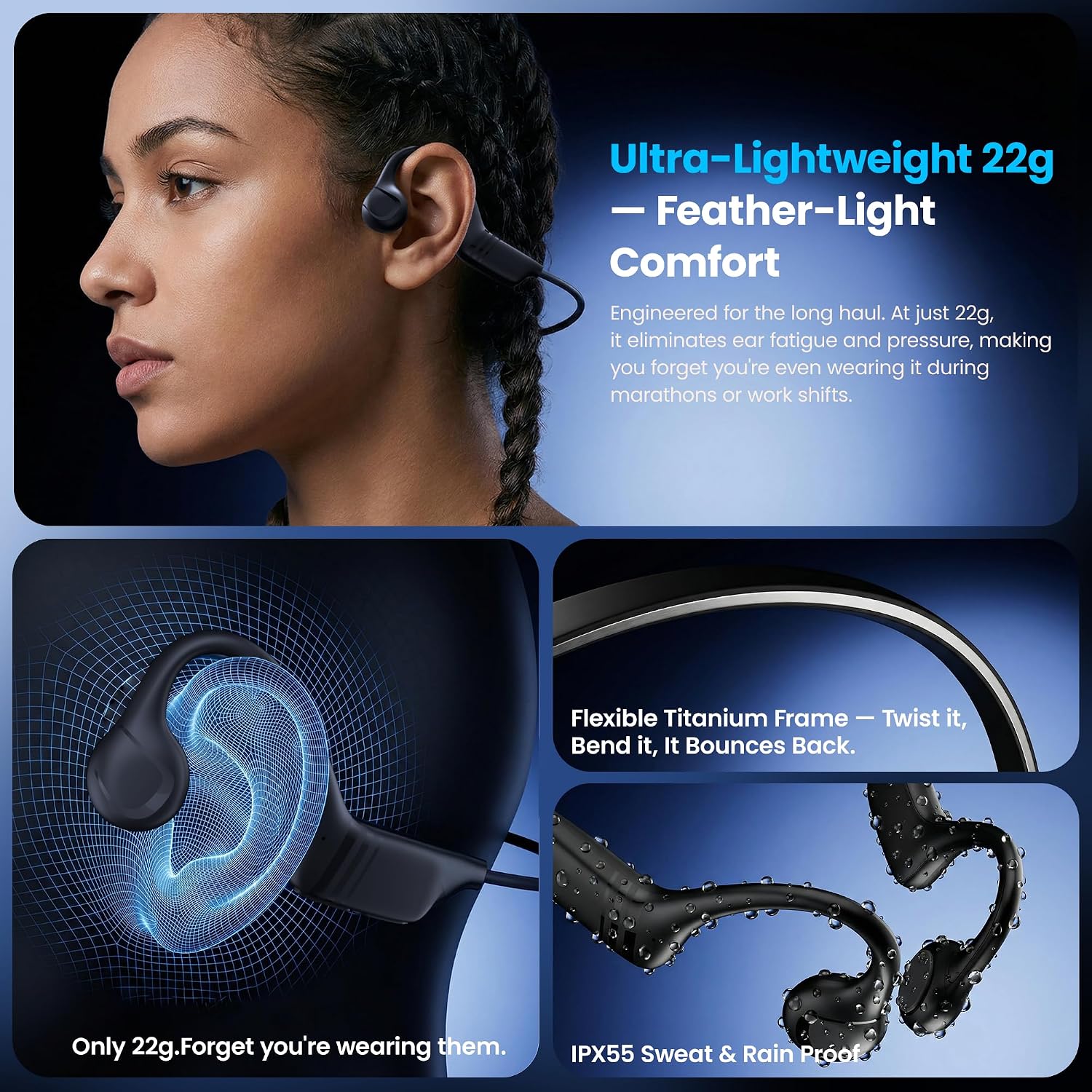 Detalle 2 de MJOFFIN Bluetooth 5.4 Bone Conduction Headphones, 22g, IP55, Up to 10 Hours