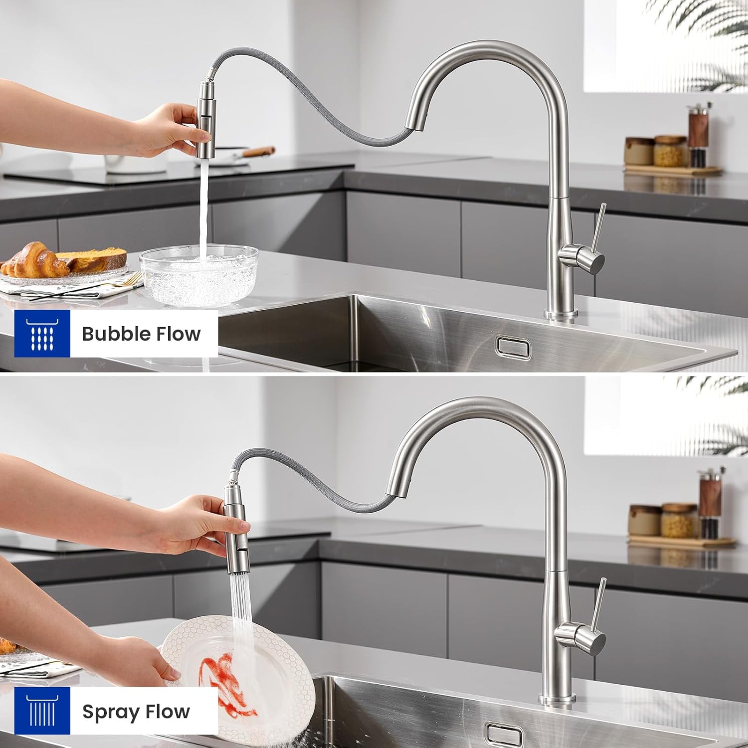 Thumbnail 1 de DERW Kitchen Tap: Pull-Out Sprayer, 2-Mode Spray, 360° Swivel, 304 Stainless Steel, Easy Fittings Included