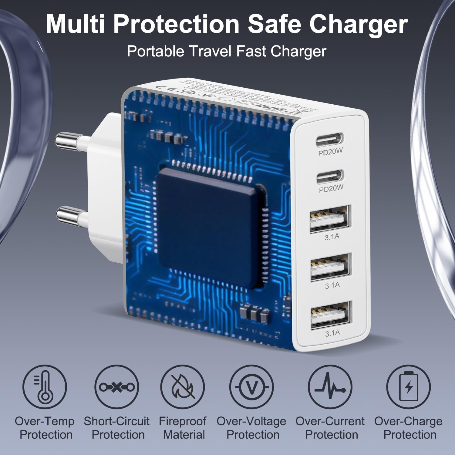 Detalle 2 de Chargeur USB C 50W 5 ports – PD & QC, 2 USB-C + 3 USB-A (iPhone et Galaxy)