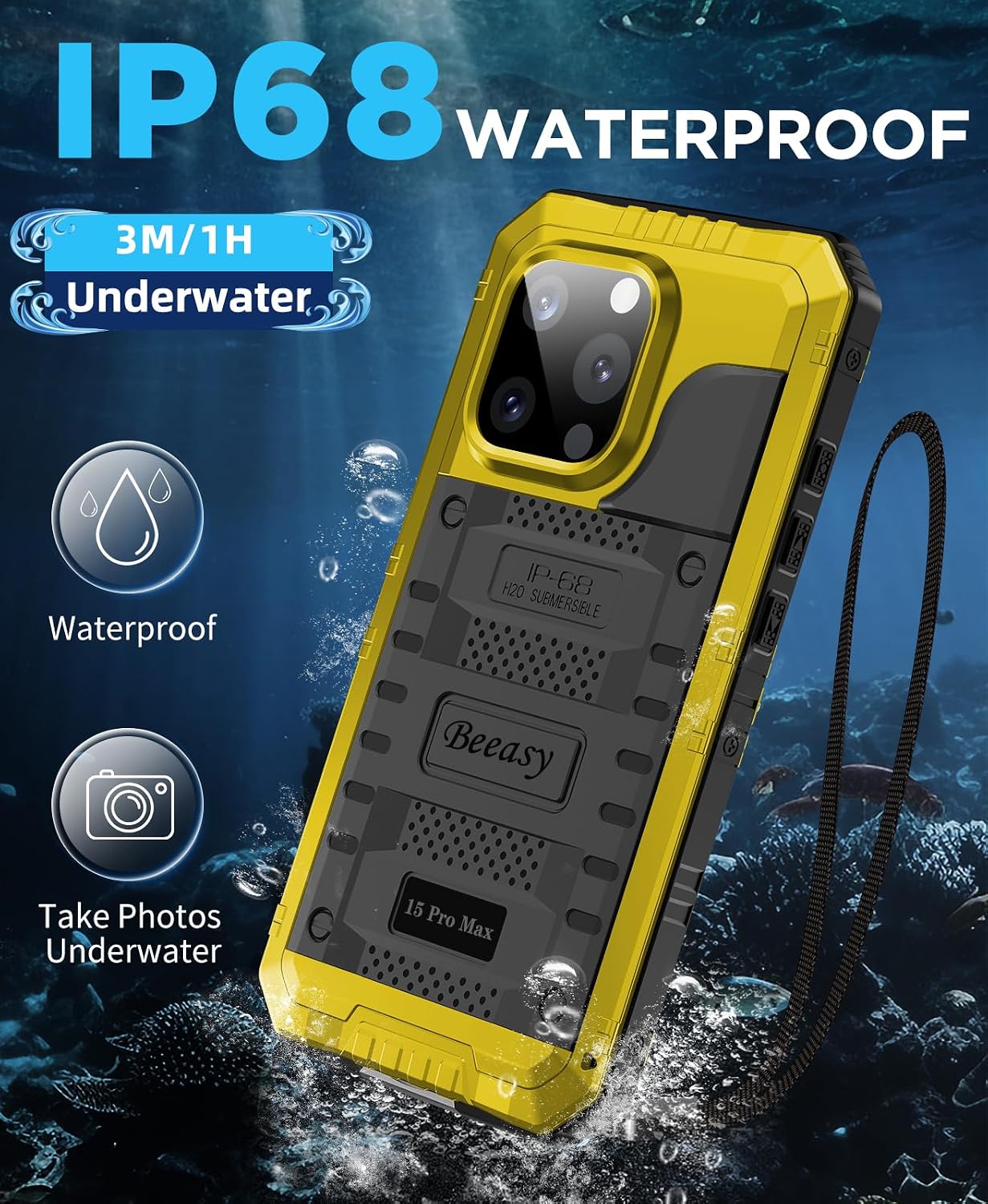 Detalle de Beeasy Robust Series: iPhone 15 Pro Max Case with Waterproof Heavy-Duty Shield (Yellow)