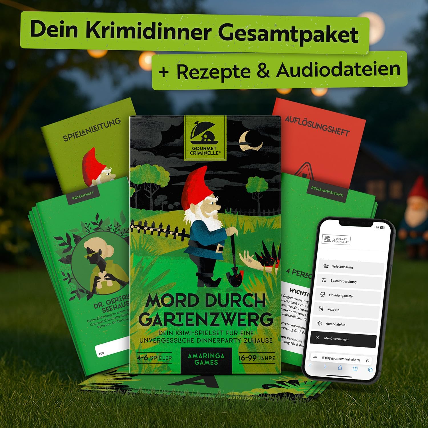 Detalle de Gourmet Criminelle® Krimidinner für zuhause – Mordfall mit Gartenzwerg, Spiel für 4–6 Personen ab 16 Jahren
