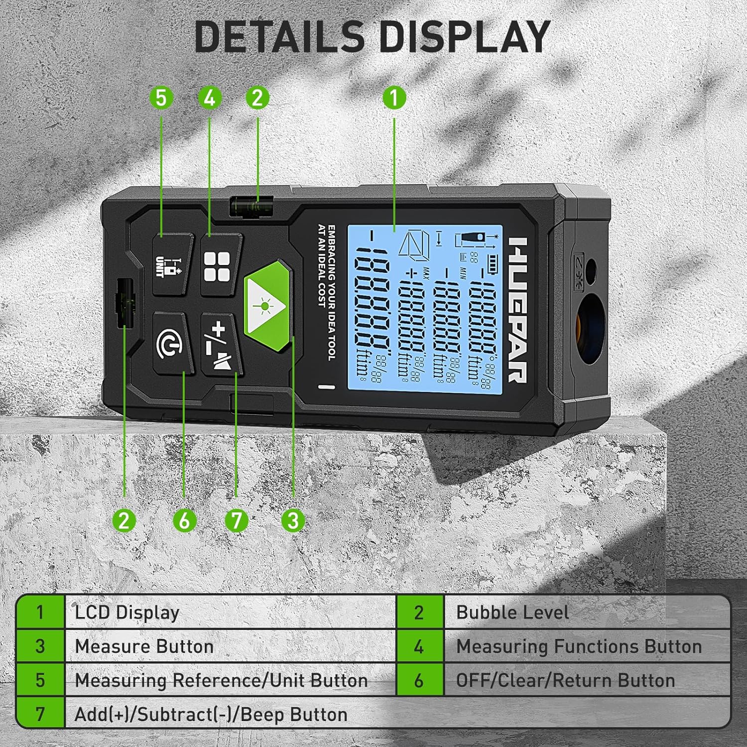 Thumbnail 3 de Laser Entfernungsmesser, Huepar 50M/100M/120M Laser Messgerät Entfernungsmesser mit Laser, hintergrundbeleuchtetem LCD, Messung von Entfernung, Fläche und Volumen und pythagoreischem Modus(ft/m/in)
Laser Entfernungsmesser, Huepar 50M/100M/120M…