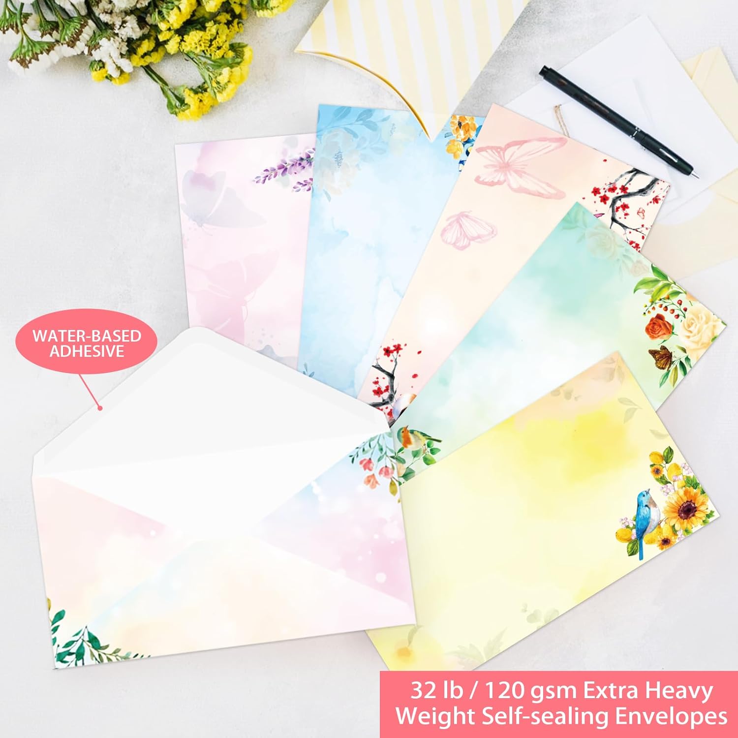 Thumbnail 3 de Set di cancelleria e buste A4 con carta da lettere a righe “motivo floreale e uccellino” – 48 fogli + 24 buste