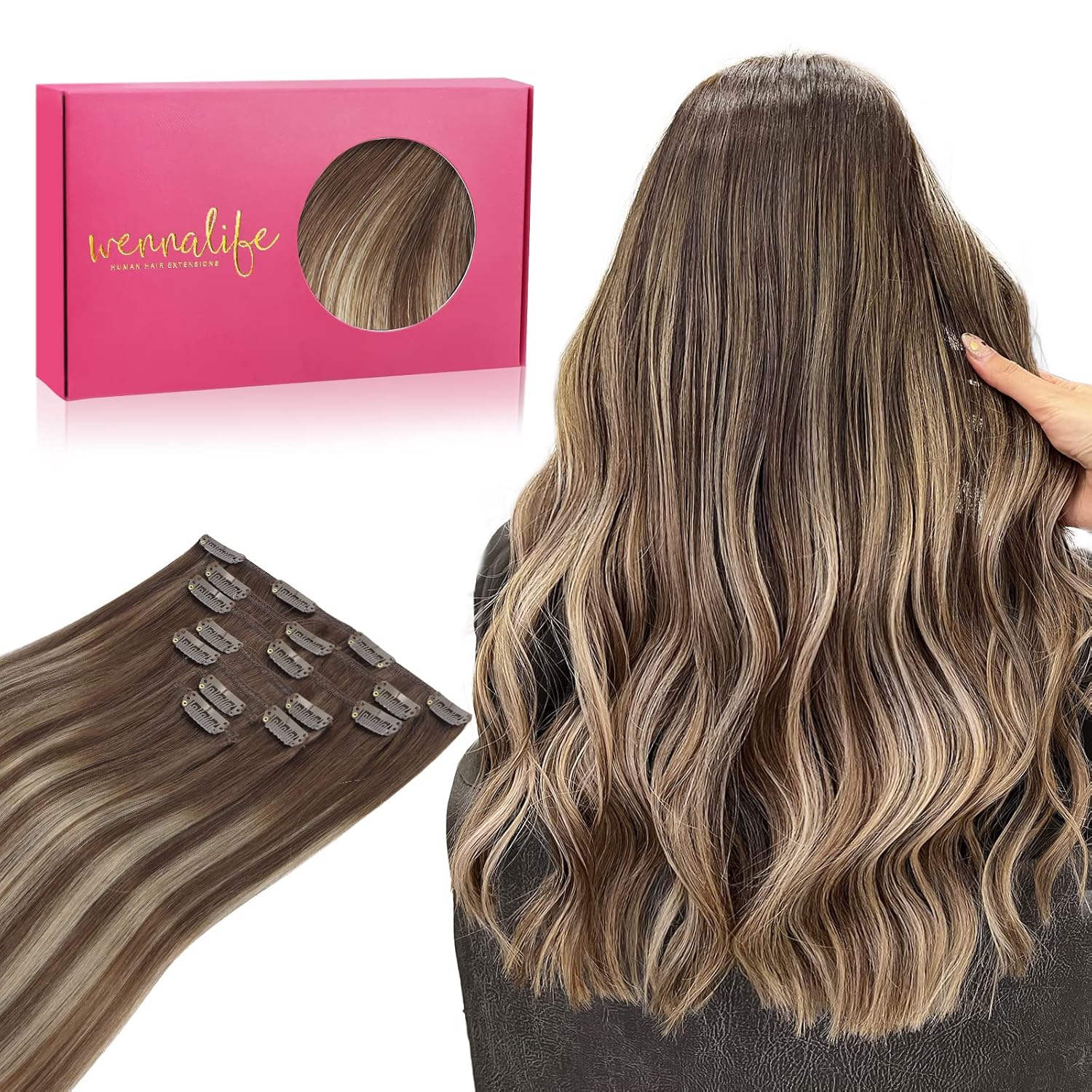 Detalle de WENNALIFE Clip in Hair Extensions 150g, 22 Inch, Balayage Chocolate Brown to Honey Blonde (9pcs) – Real Human Hair, Double Weft