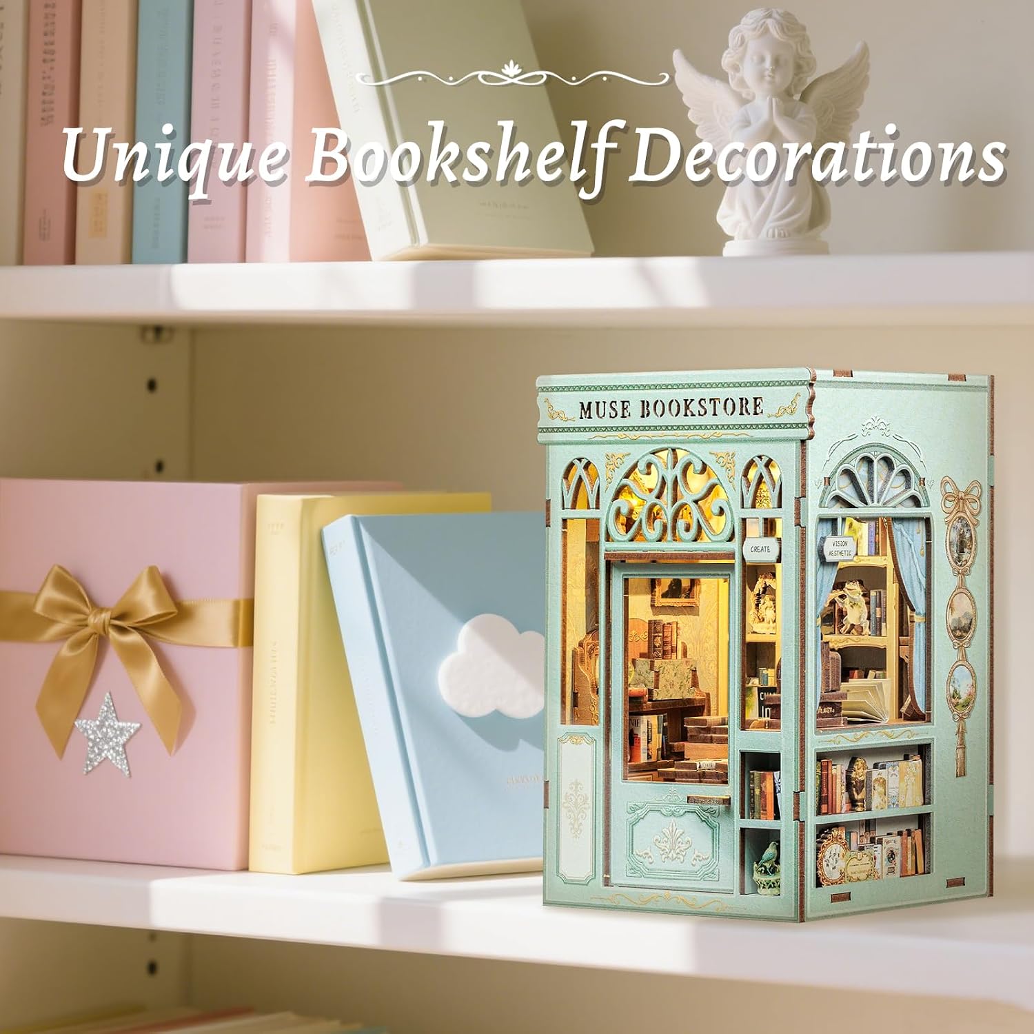 Detalle de Fsolis Book Nook Puppenhaus zum Selbstaufbauen – DIY mit LED-Licht, Dekoration und Bibliothek