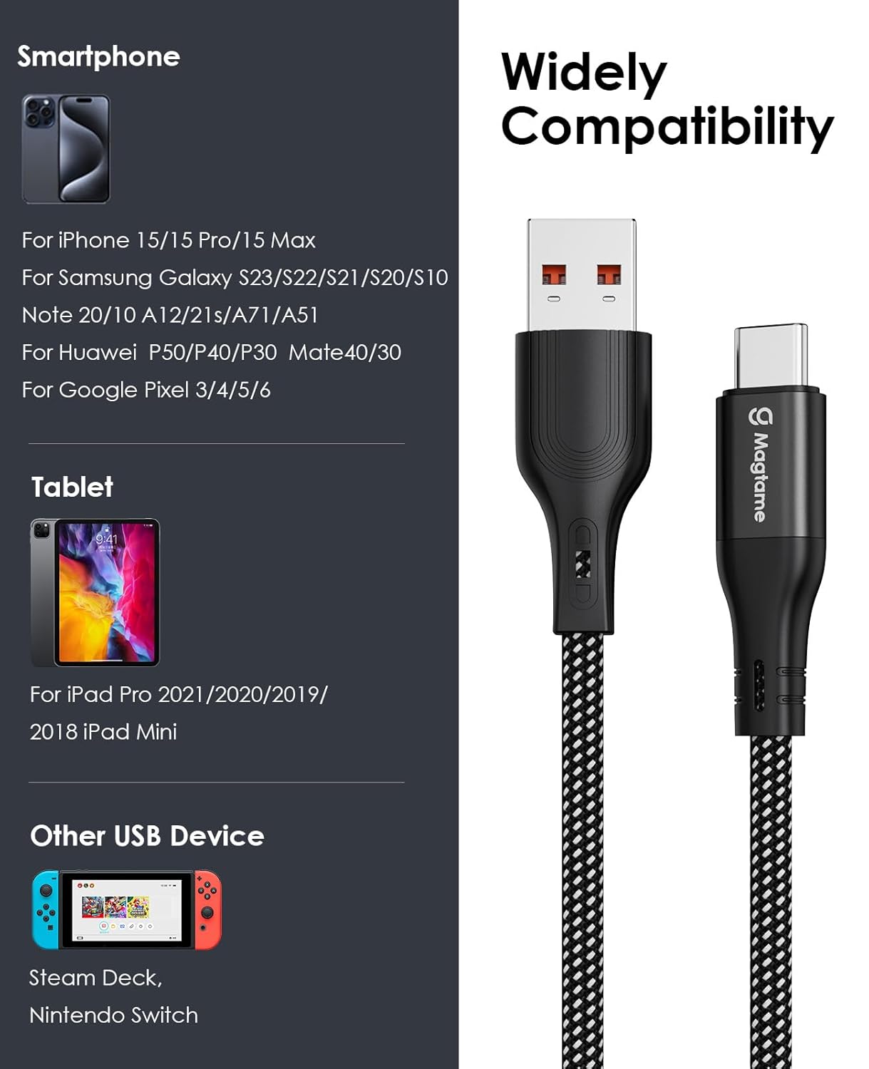 Thumbnail 6 de Magtame Magnetic USB-C Cable (Retractable Coiled) – 3.3ft Black, 30W Fast Charging, Nylon Braided