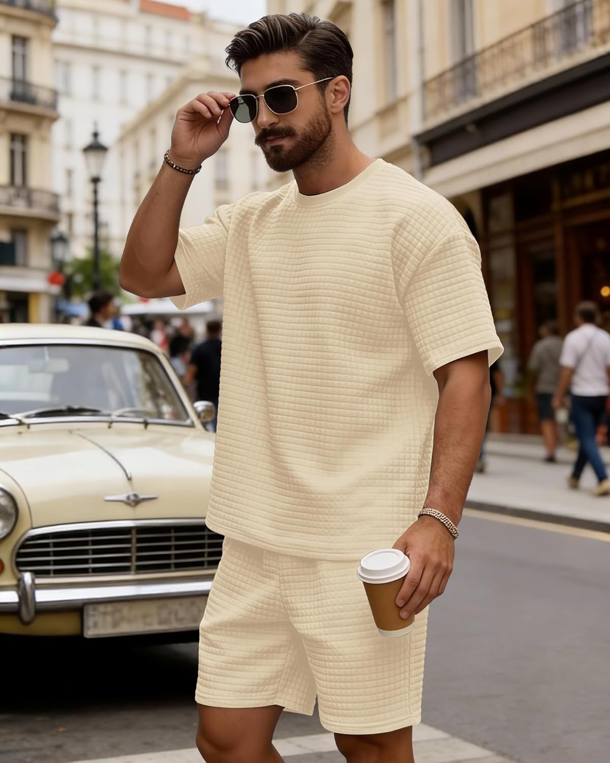 Detalle de KUYIGO Men's 2-Piece Waffle Tracksuit Set: Short Sleeve Top & Joggers