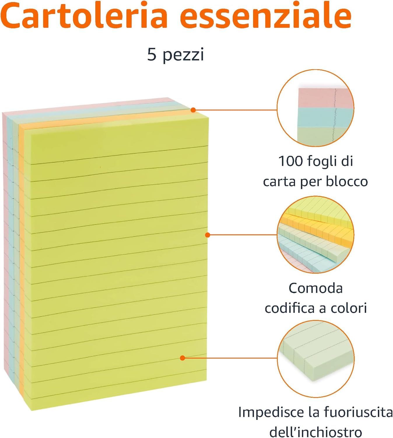 Thumbnail 2 de Amazon Basics Foglietti adesivi a righe 10,16 x 15 cm – confezione da 5 blocchi assortiti