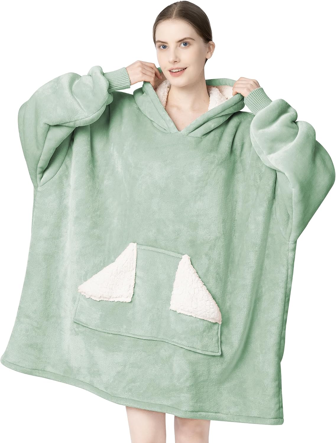 Detalle de Touchat Wearable Blanket Hoodie, Green Sherpa with Hood, Pocket and Sleeves