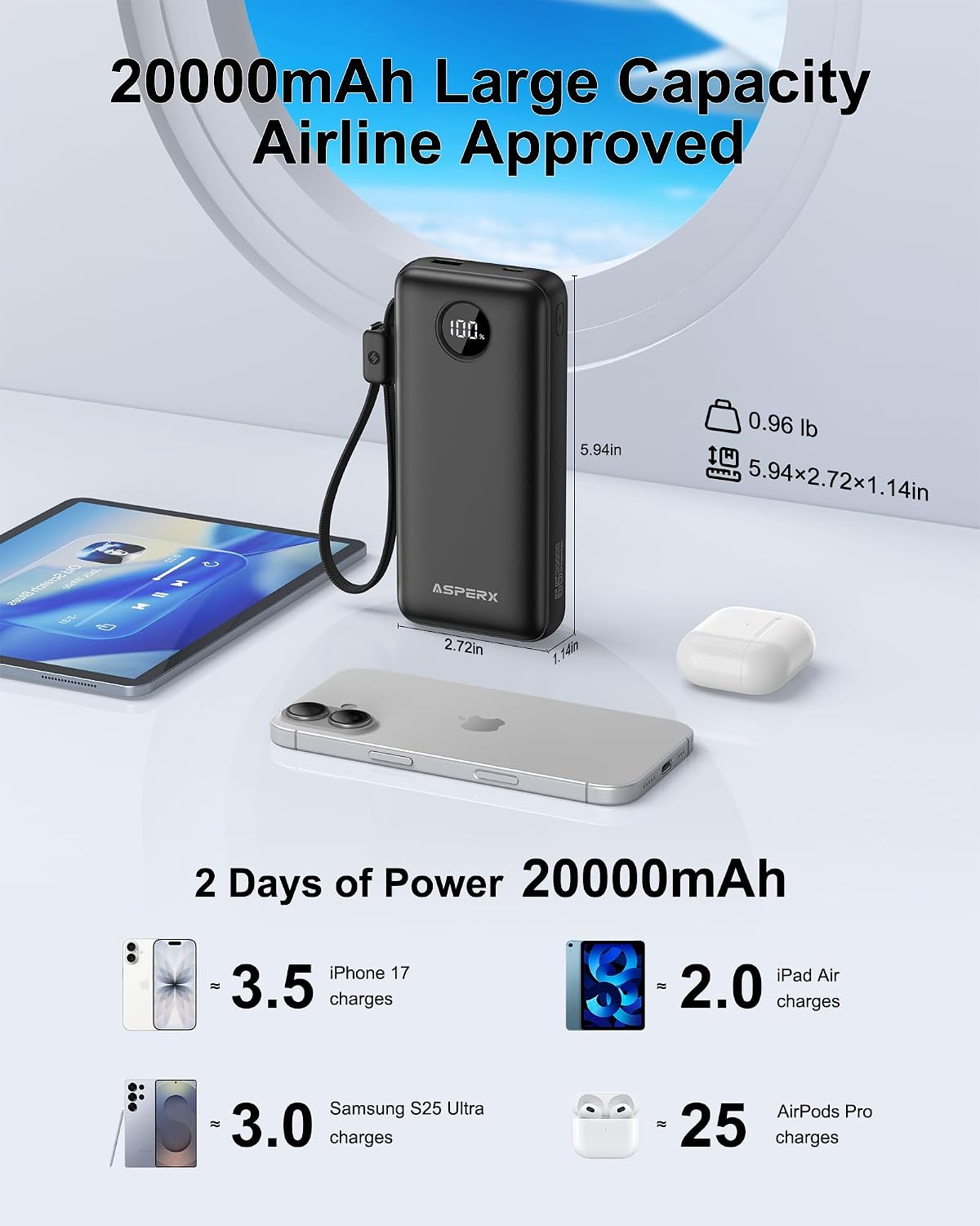 Thumbnail 3 de AsperX AX369 45W Portable Charger, 20,000mAh with Built-In USB-C Cable