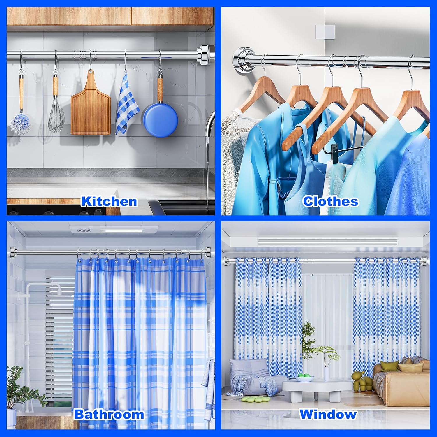 Thumbnail 6 de Ausemku yq-a-A80Y Tension Shower Curtain Rod, Stainless Steel, Silver