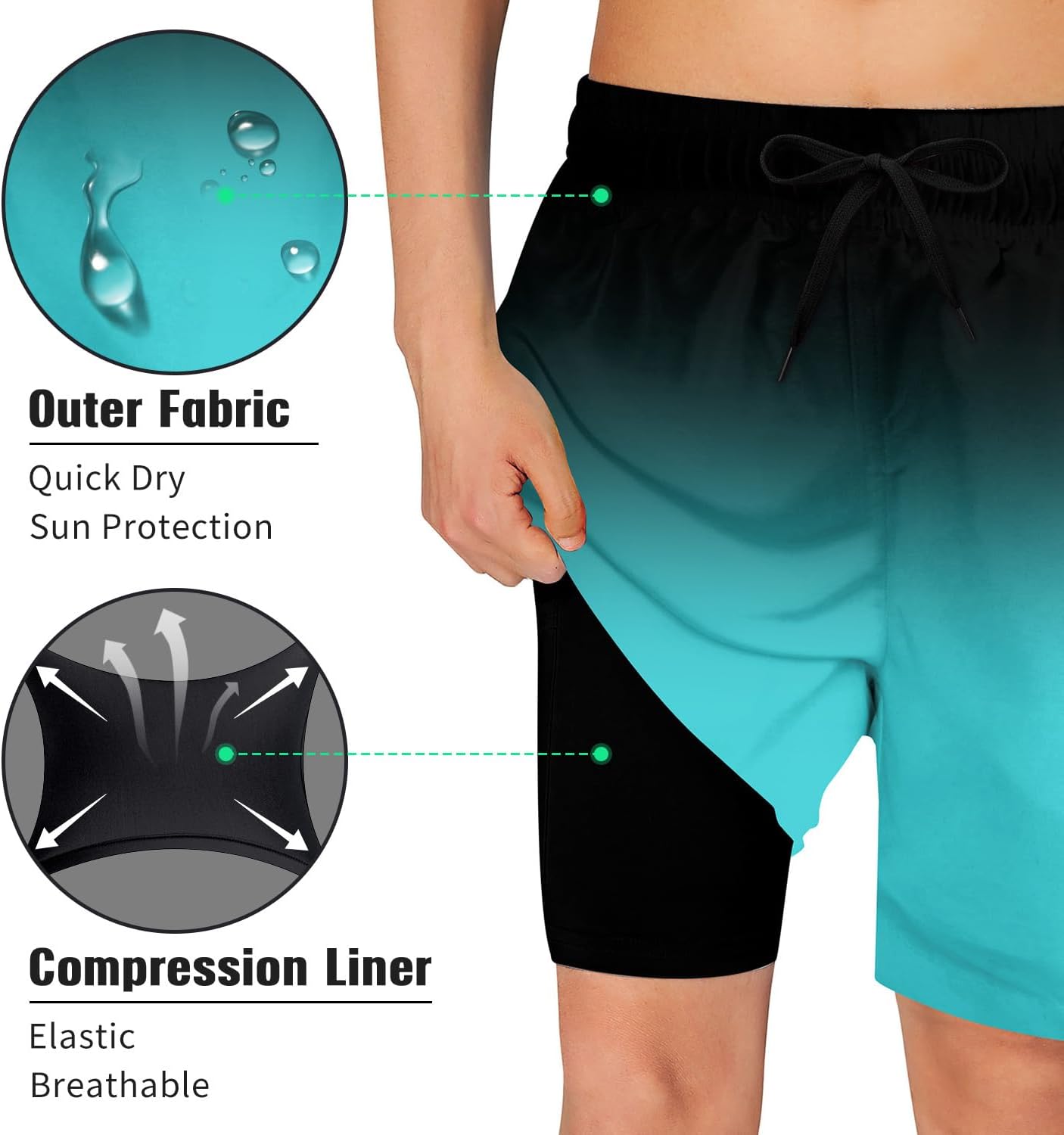 Detalle de Kids4ever Boys Swim Trunks Quick Dry with Compression Liner – 7-18 Years