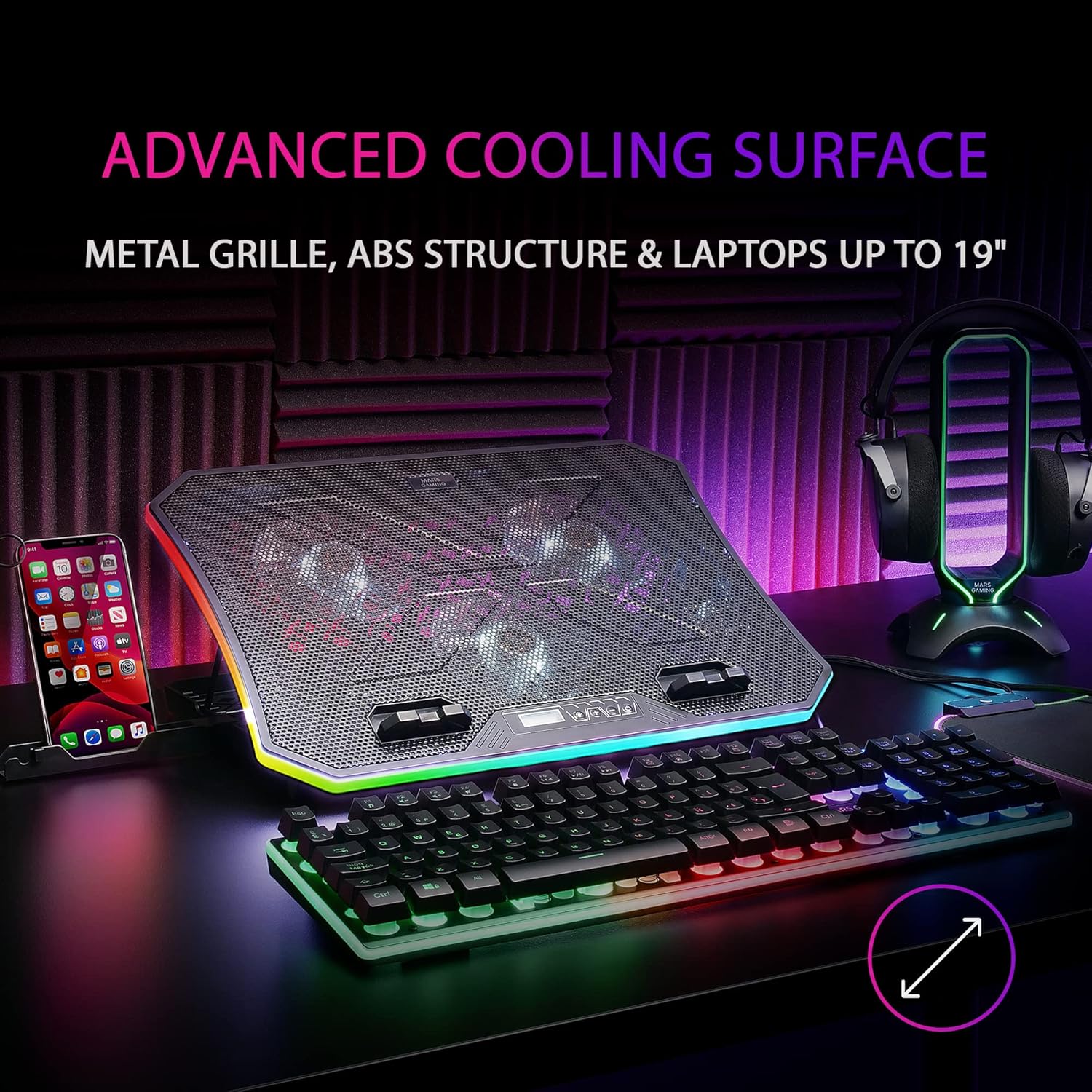 Thumbnail 1 de Mars Gaming MNBC6: base di raffreddamento + supporto XL 19” con ARGB, 3 ventole e holder per smartphone