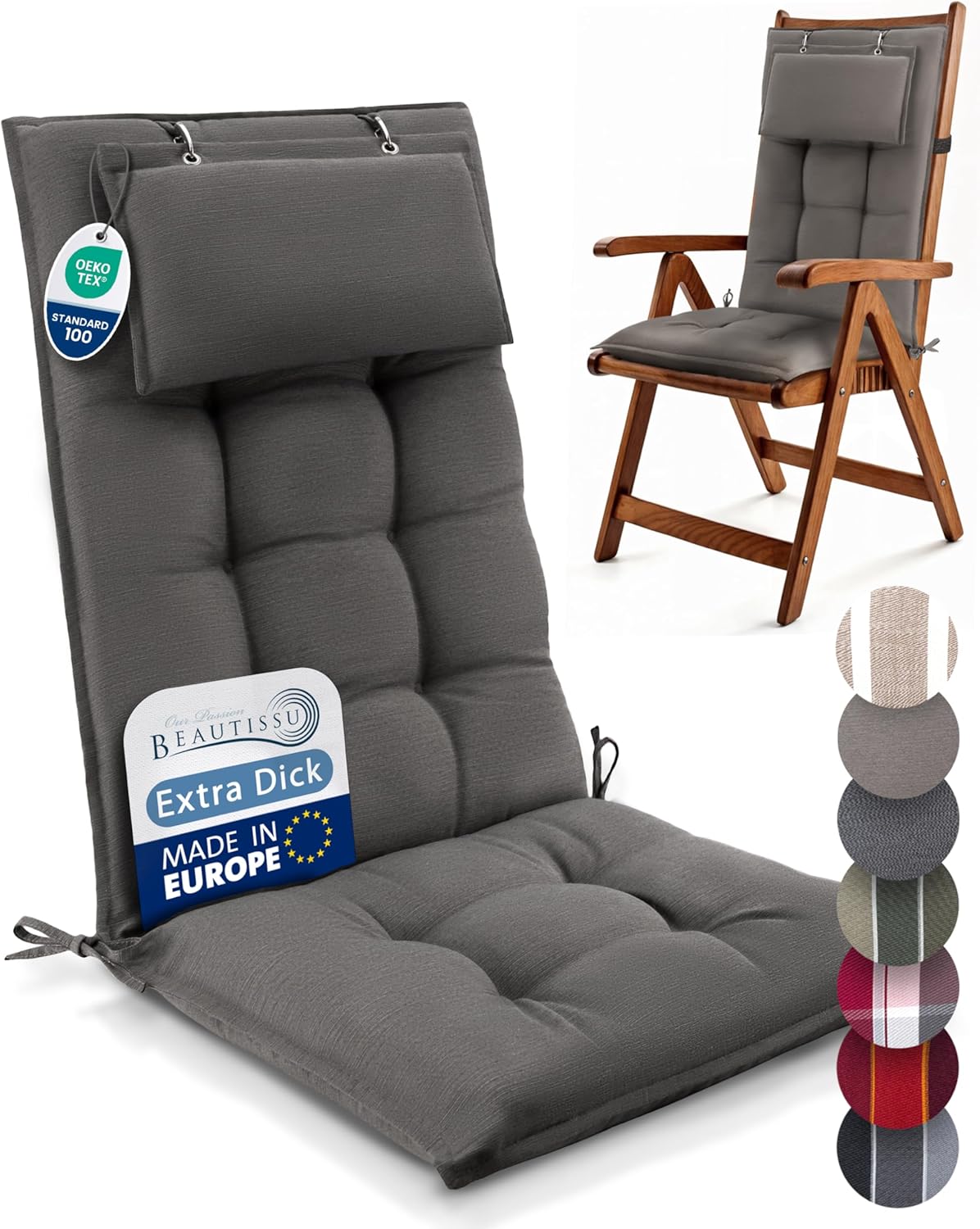 Detalle de Beautissu 3er Set Premium Hochlehner Auflage mit Kopfpolster, 120x50 cm, Taupe