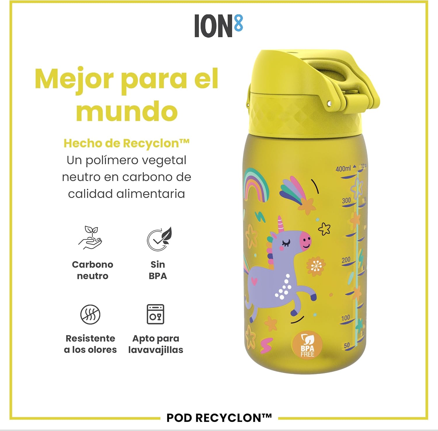 Thumbnail 4 de ion8 Botella de Agua para Niños 350ml Antigoteo Unicornios Amarillo 🦄