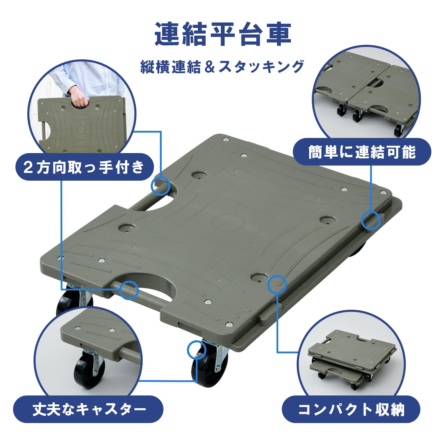 Thumbnail 2 de 山善(YAMAZEN) NTRM-N65OD スマート連結平台車 49.5×36.5cm 日本製・オリーブ