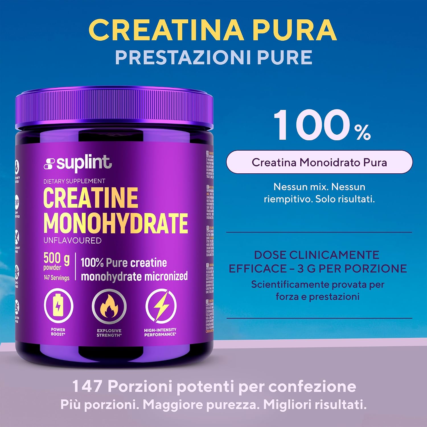 Detalle de Polvere di Creatina Monoidrata 500 g – 147 Porzioni | Creatina Monoidrato Pura Micronizzata
