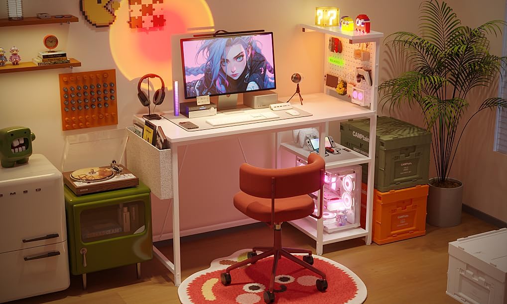 Thumbnail 1 de Xyphren Gaming Desk with Pegboard, Power Hub and LED Light – 100 × 50 cm, White
