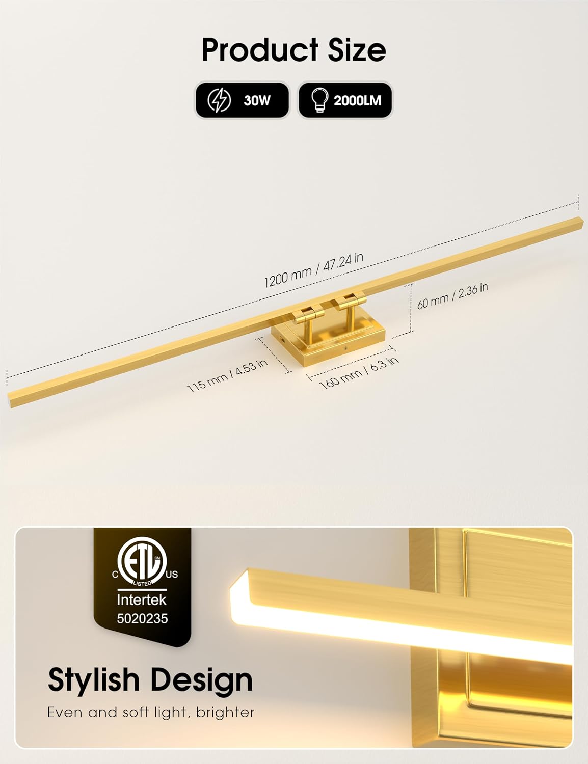 Detalle 2 de VOLISUN 21914ZM-G-120CM 48-Inch Gold LED Vanity Light, 5 CCT, Dimmable