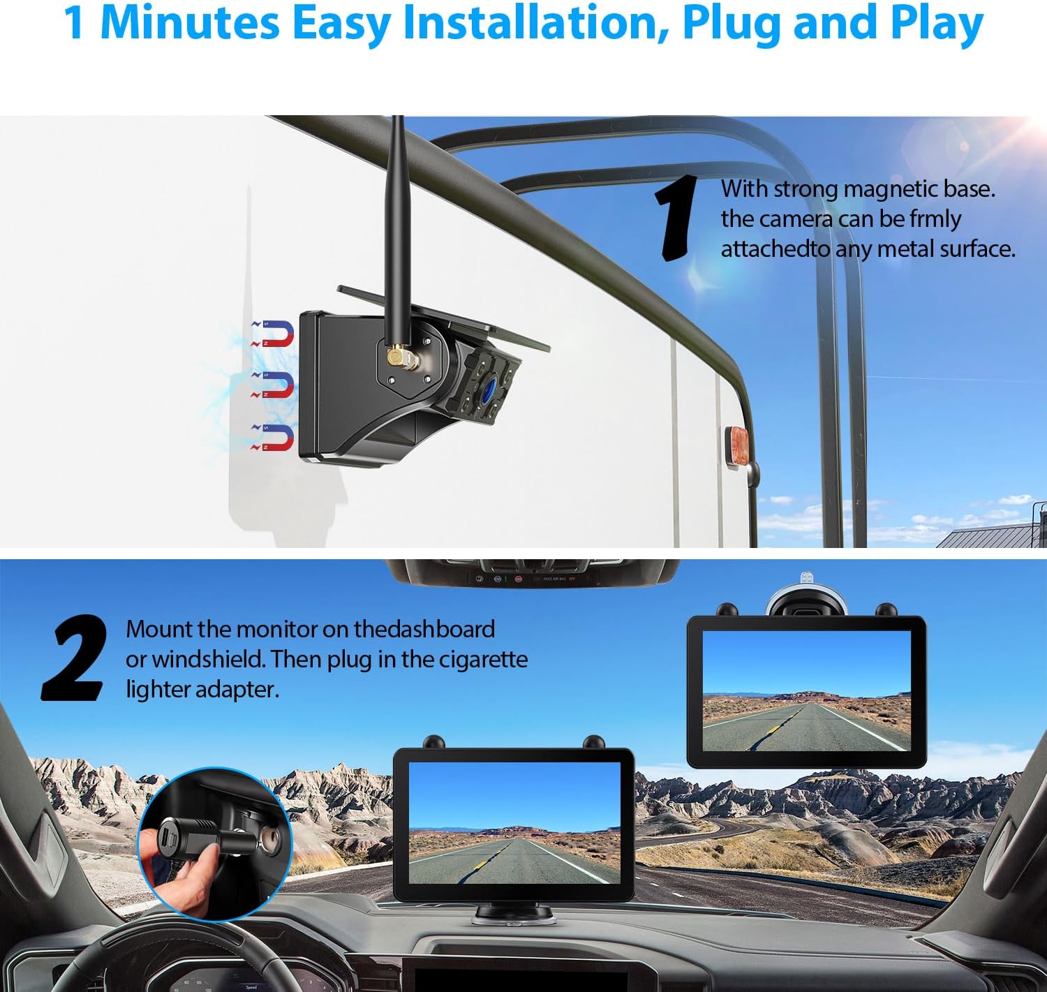 Detalle 2 de Solar Powered Wireless Reversing Camera Kit with 7" 1080P Touchscreen Monitor and 12000mAh Battery