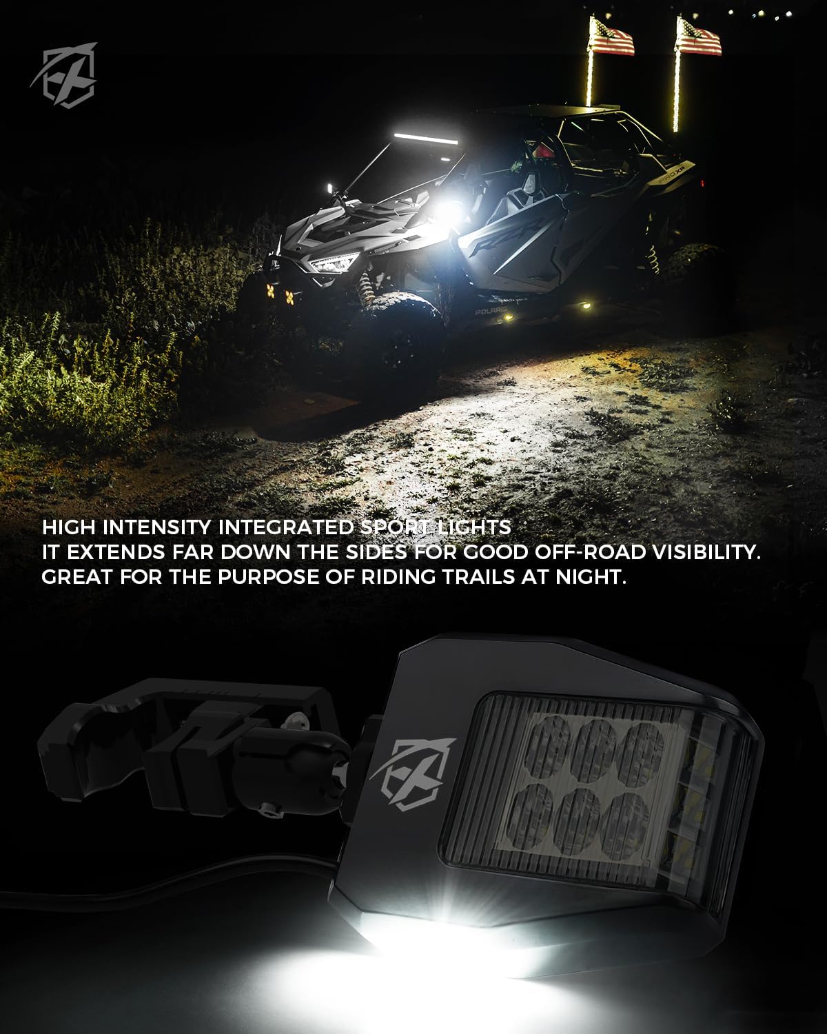 Detalle de Xprite UTV LED Side View Mirrors with Puddle Lights — Aluminum, 1.75"–2" Roll Cage, Smoke Lens